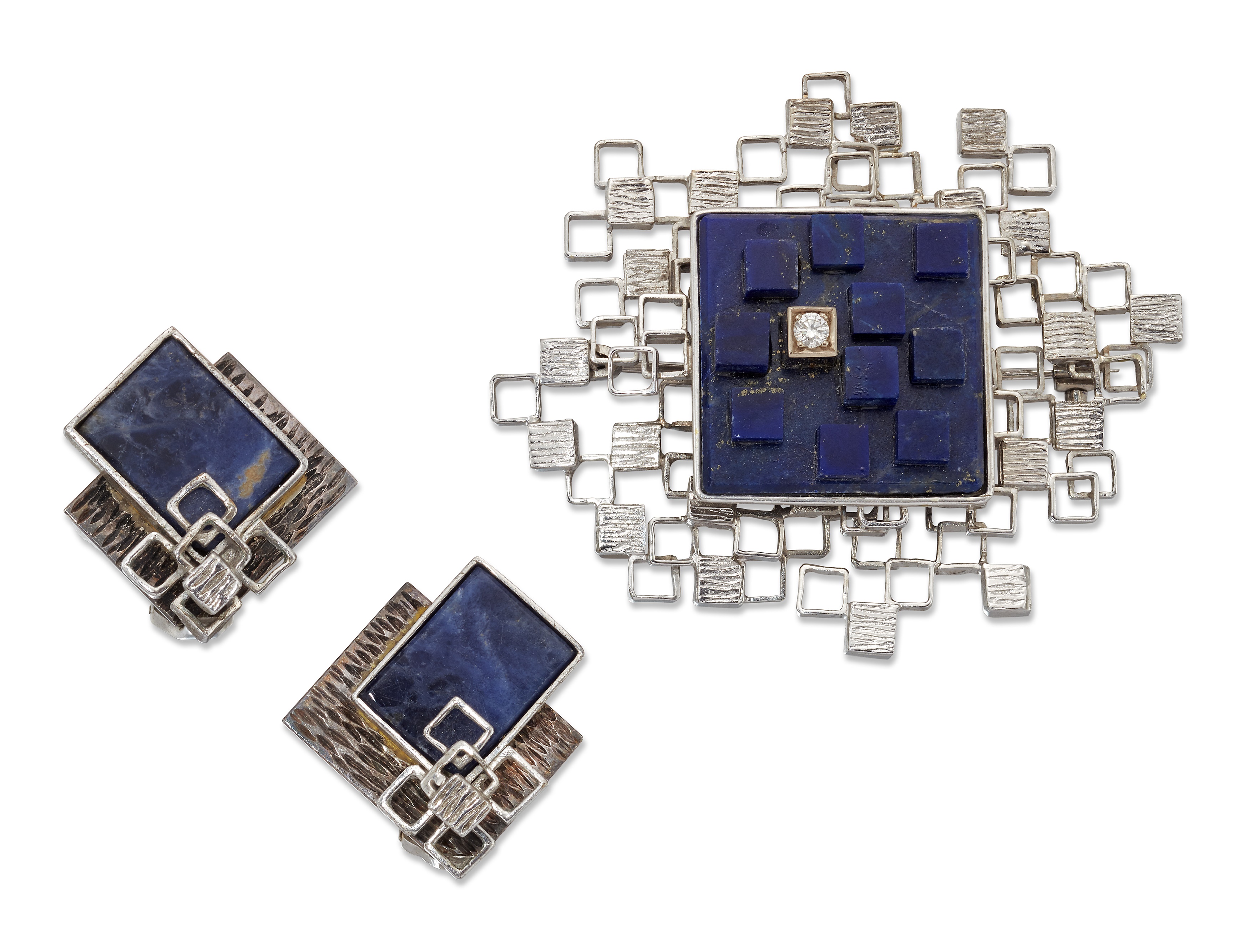 A lapis lazuli and diamond brooch and pair of earrings, by John Donald