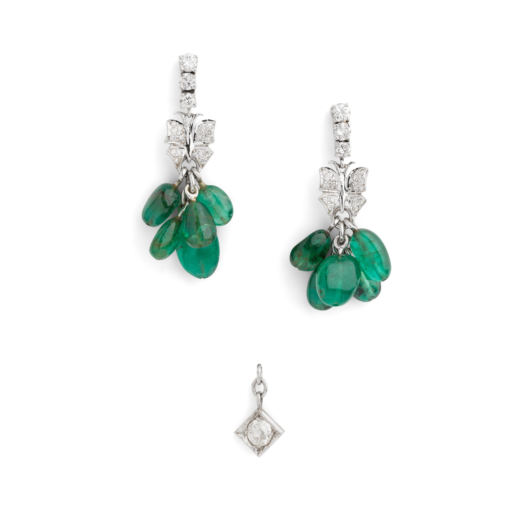 A pair of emerald and diamond pendent earrings