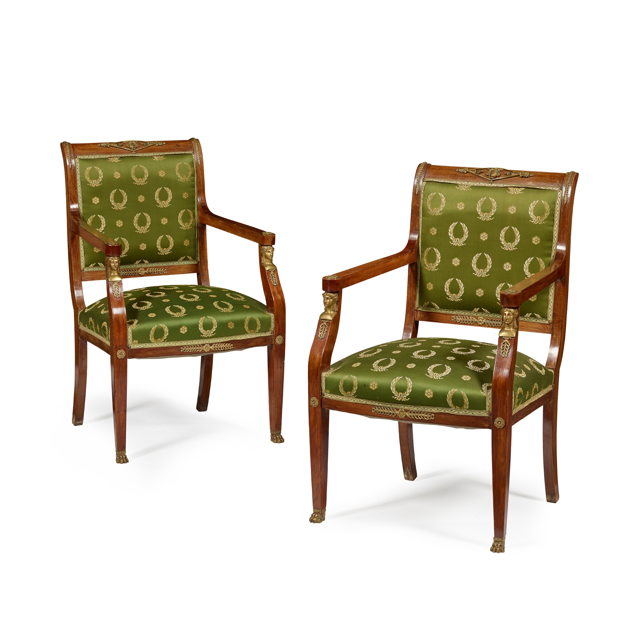 PAIR OF FRENCH EMPIRE STYLE MAHOGANY AND GILT METAL ARMCHAIRS