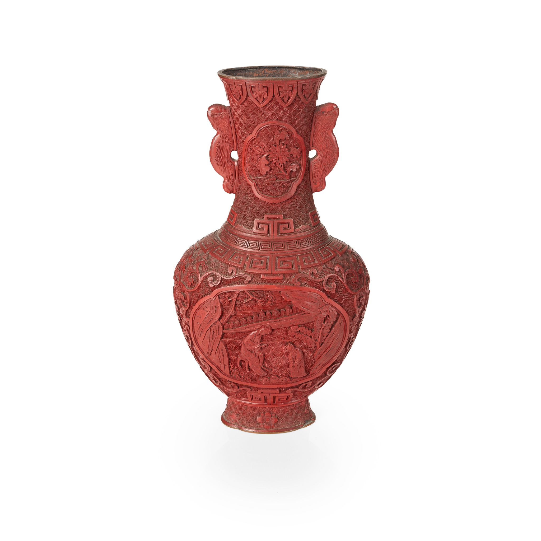 CINNABAR LACQUER HANDLED VASE