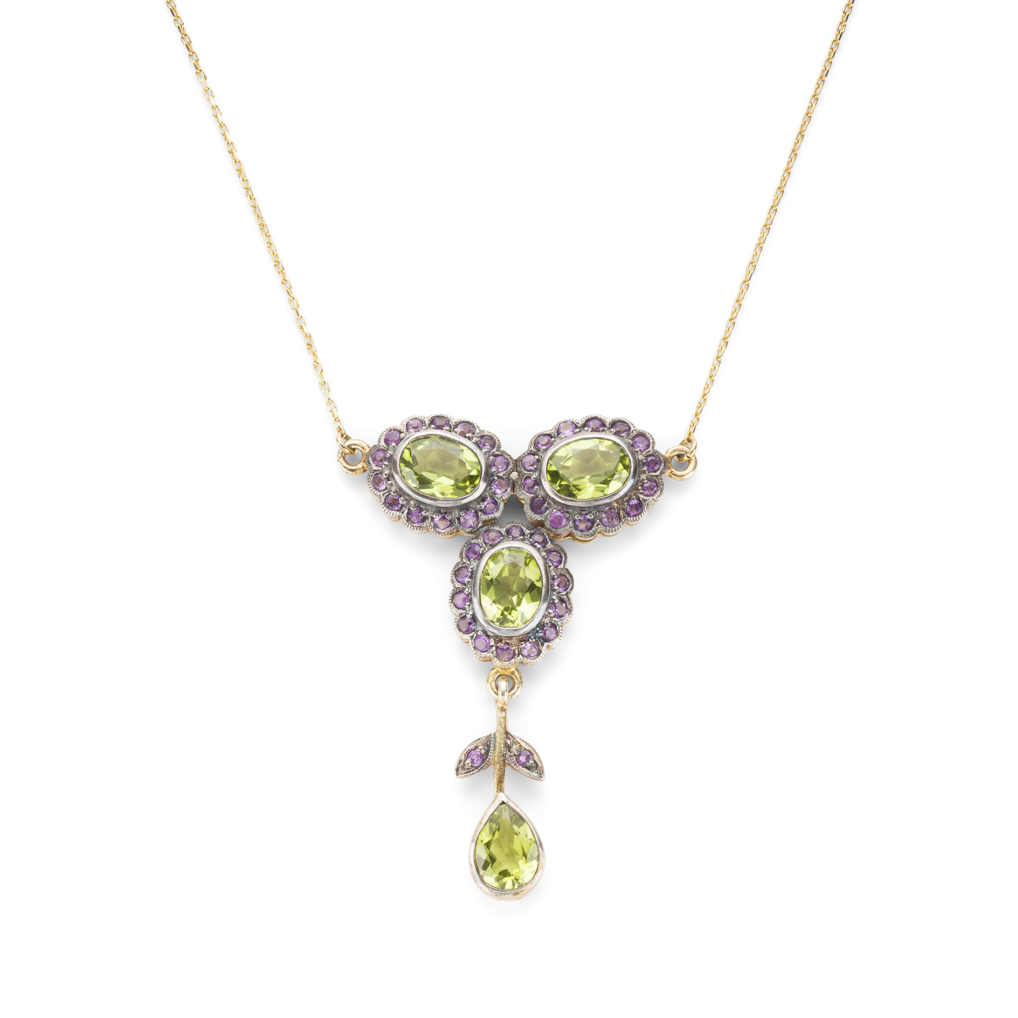 A peridot and amethyst pendant necklace