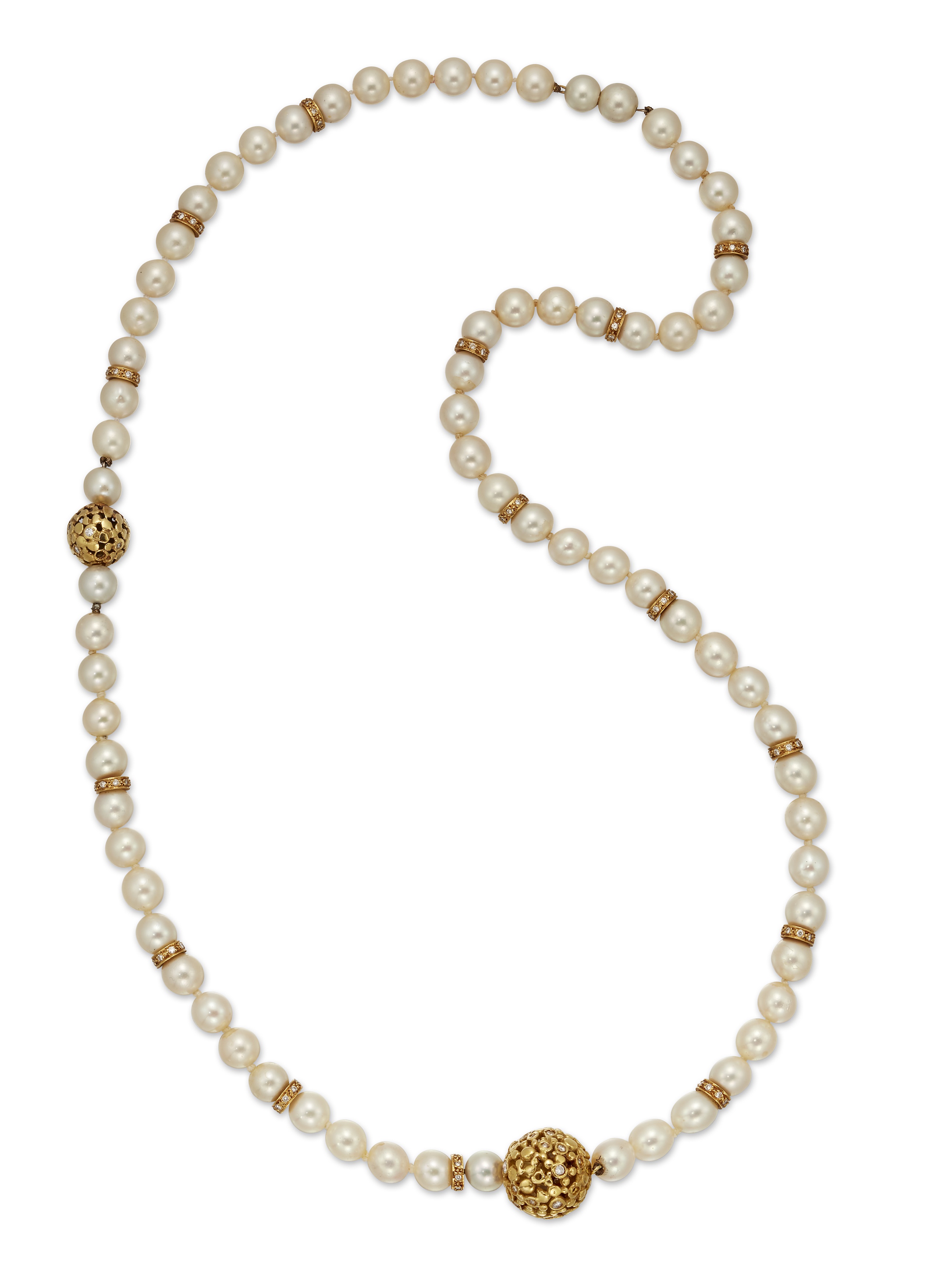 A cultured pearl and diamond necklace and bracelet combination, 1970s