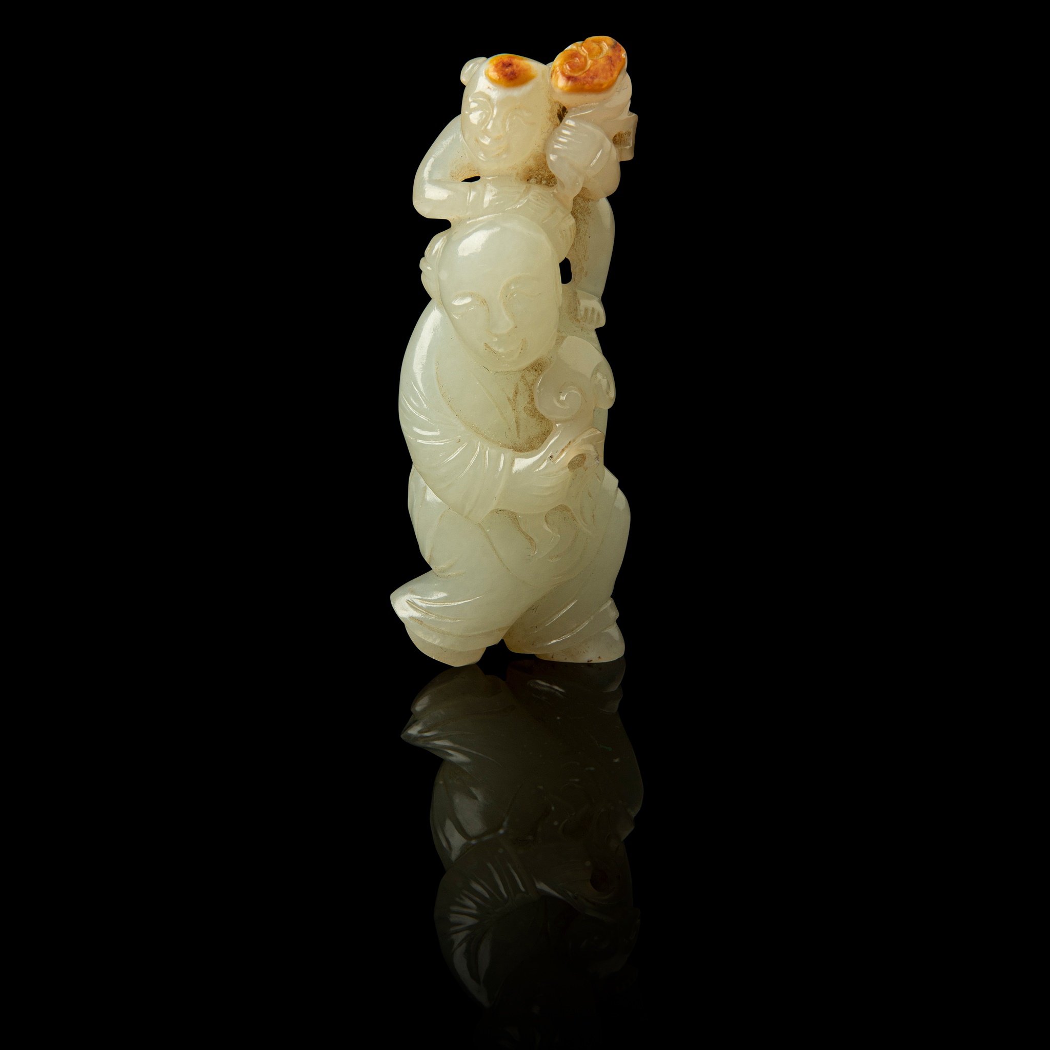 WHITE JADE WITH RUSSET SKIN CARVING OF 'HEHE' BOYS