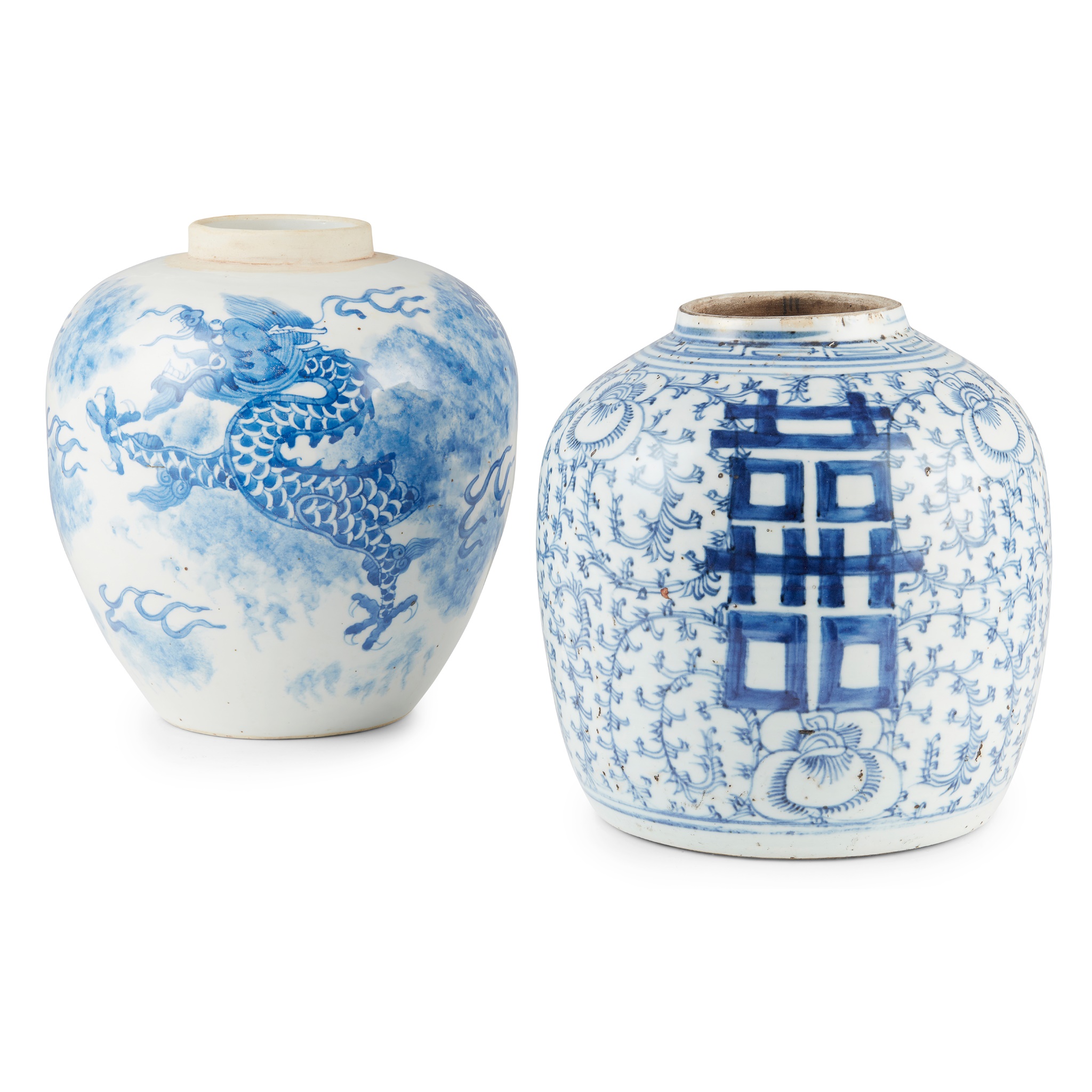 TWO BLUE AND WHITE GINGER JARS