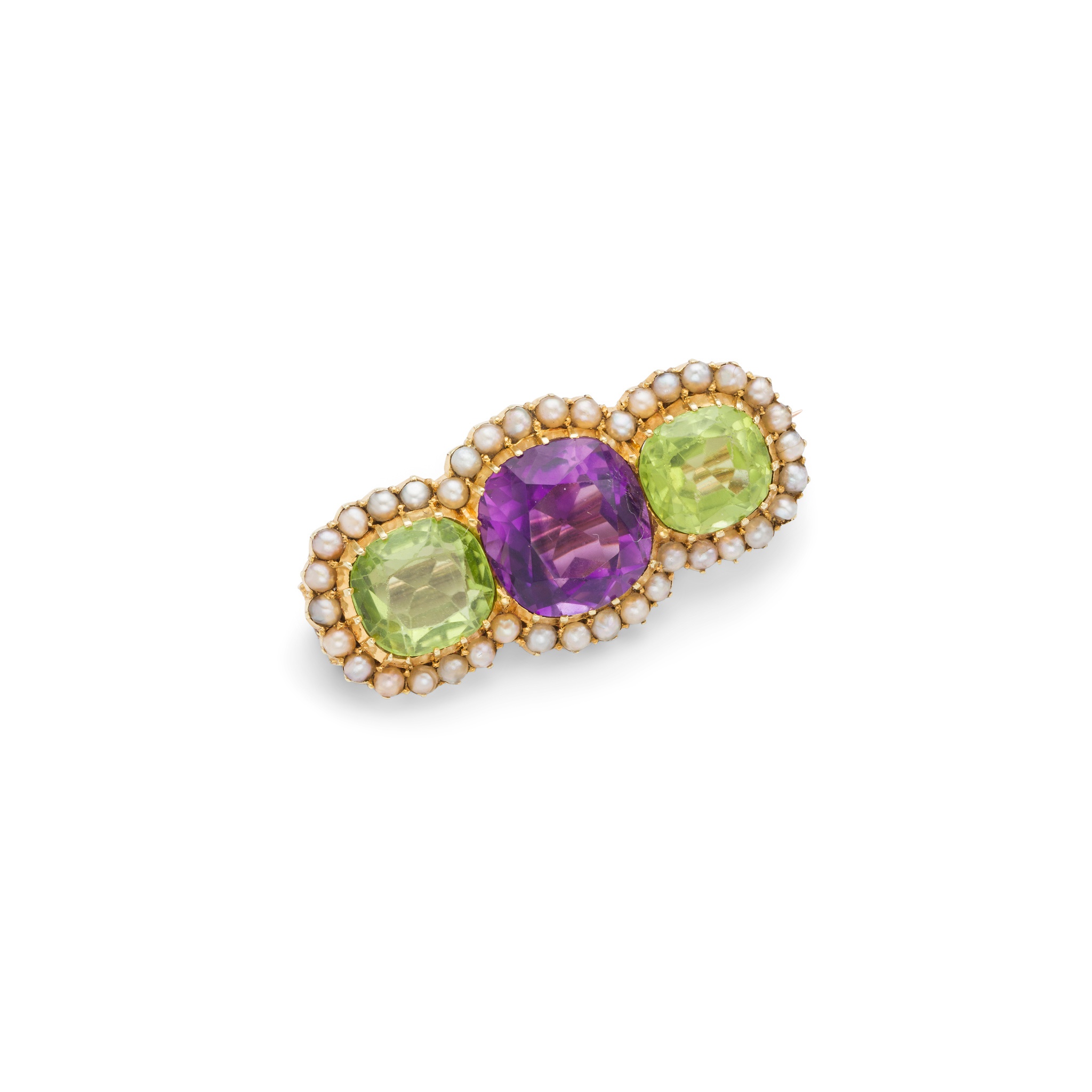 An early 20th century amethyst, peridot and pearl brooch