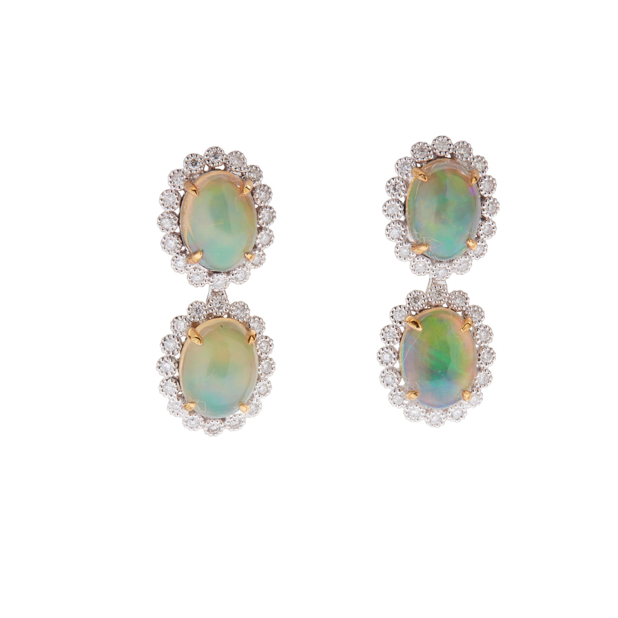 A pair of opal and diamond pendent earrings