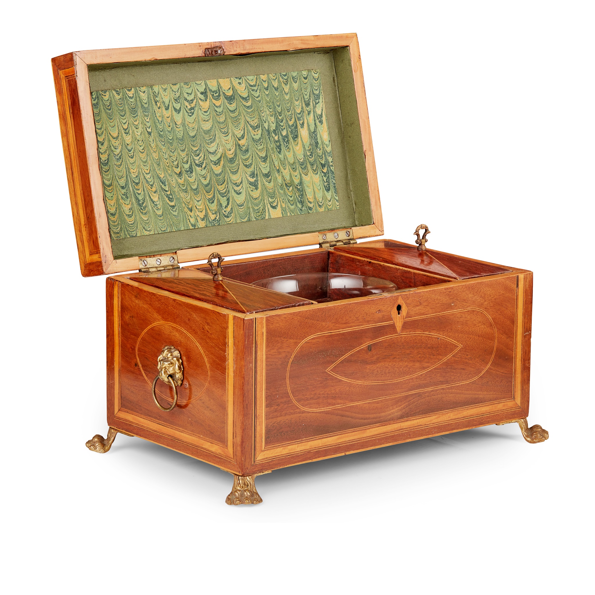 LATE GEORGE III MAHOGANY AND BOXWOOD TEA CADDY