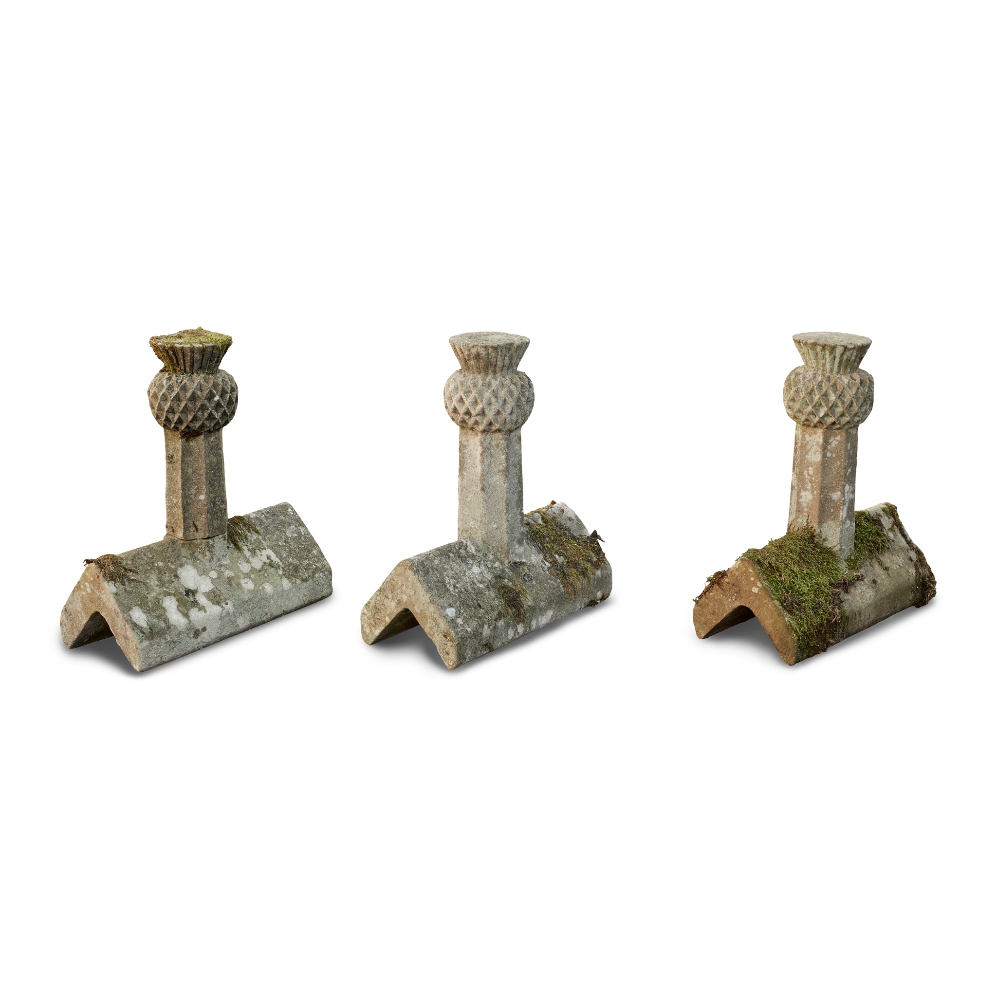 GROUP OF CARVED SANDSTONE ROOF RIDGES AND PEDIMENTS