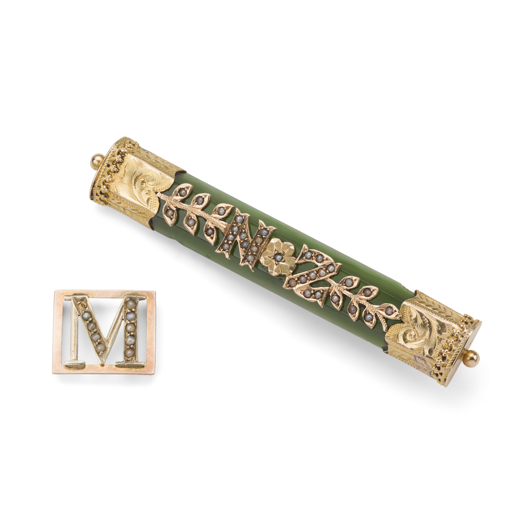 A nephrite jade and seed pearl bar brooch