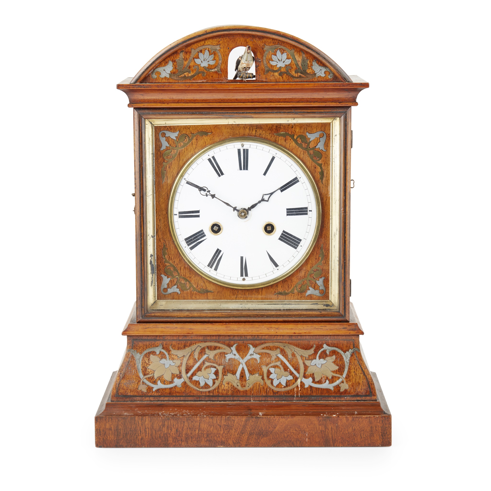 GERMAN/ AUSTRIAN WALNUT, BRASS AND PEWTER CUCKOO CLOCK