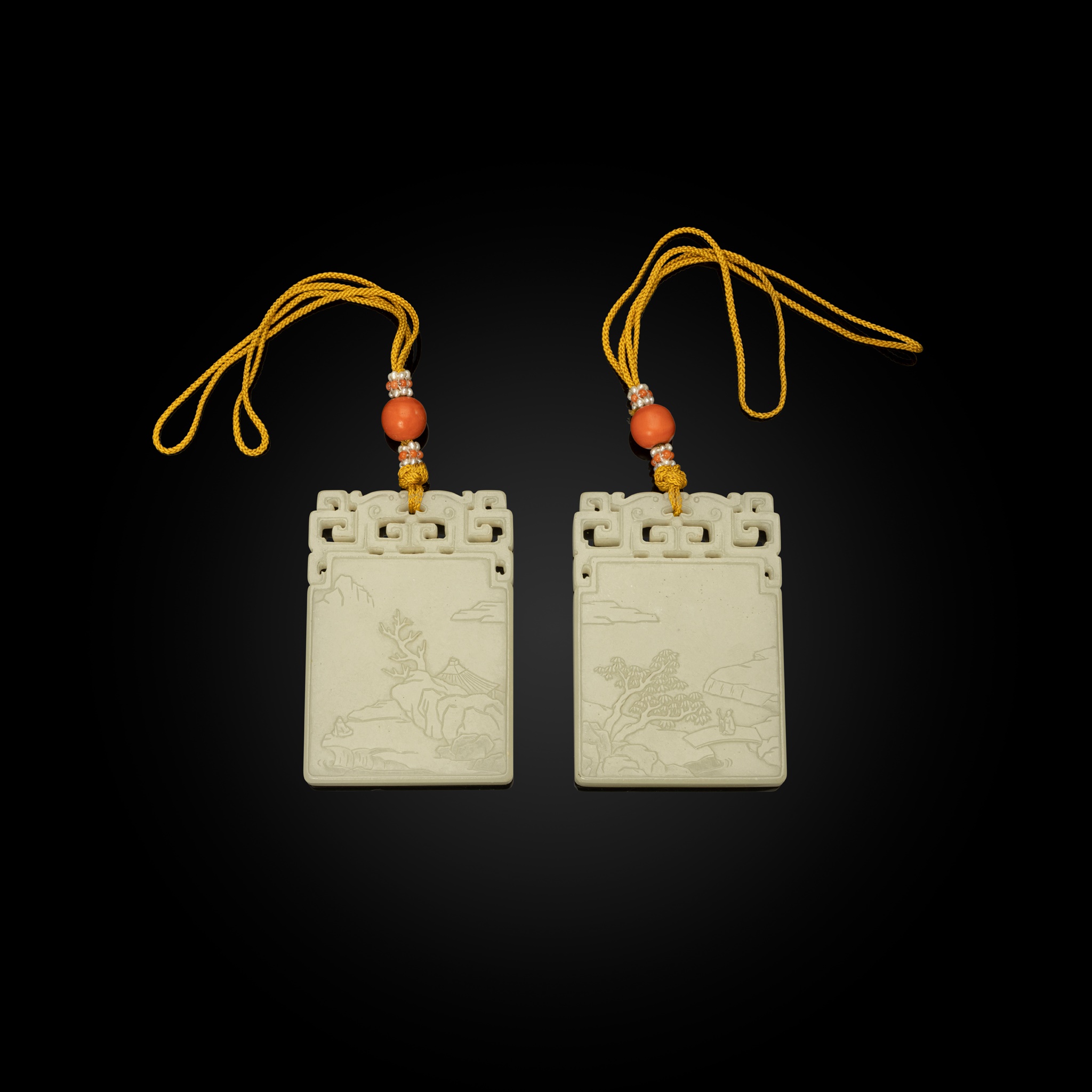 PAIR OF WHITE JADE INSCRIBED PLAQUES