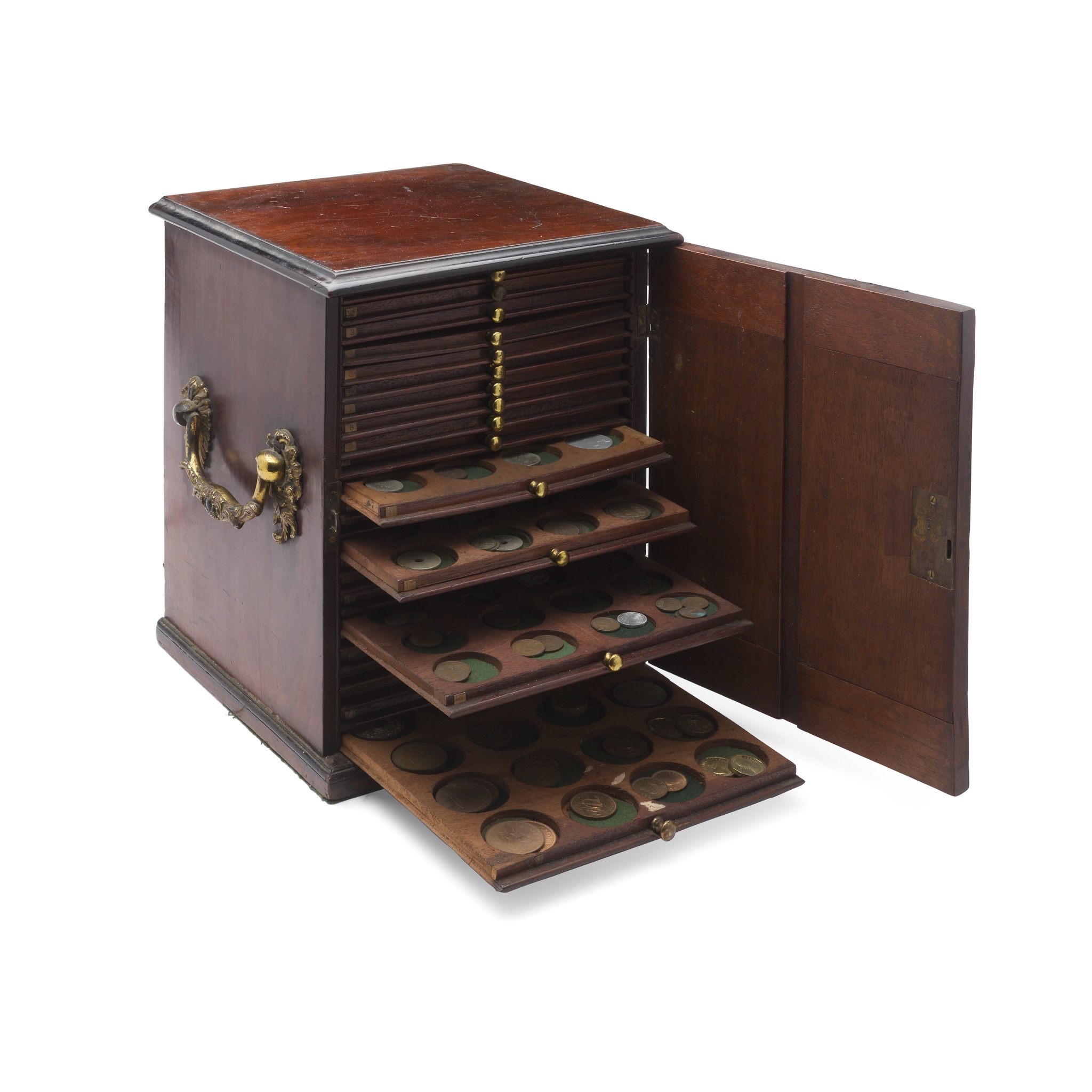 A 19th-century mahogany coin collector’s cabinet of coins