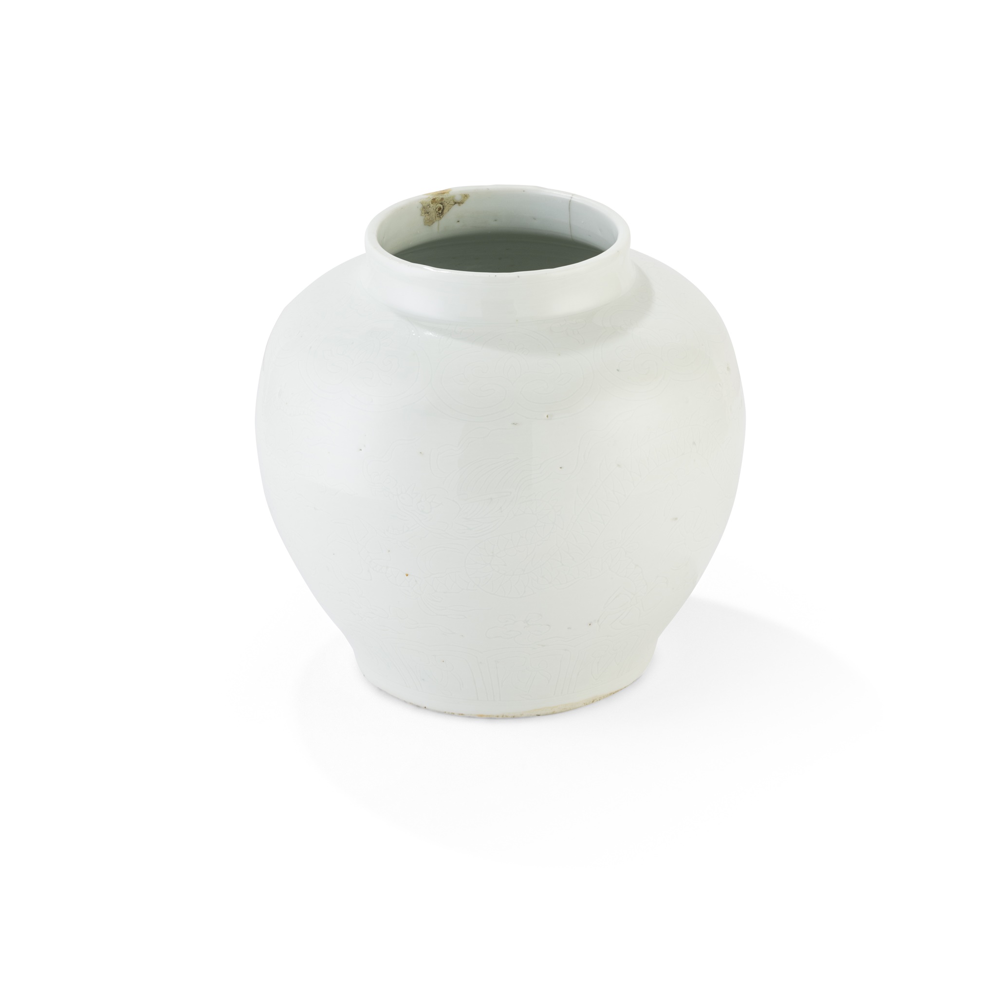 WHITE GLAZED JAR INCISED WITH DRAGONS CHASING PEARLS