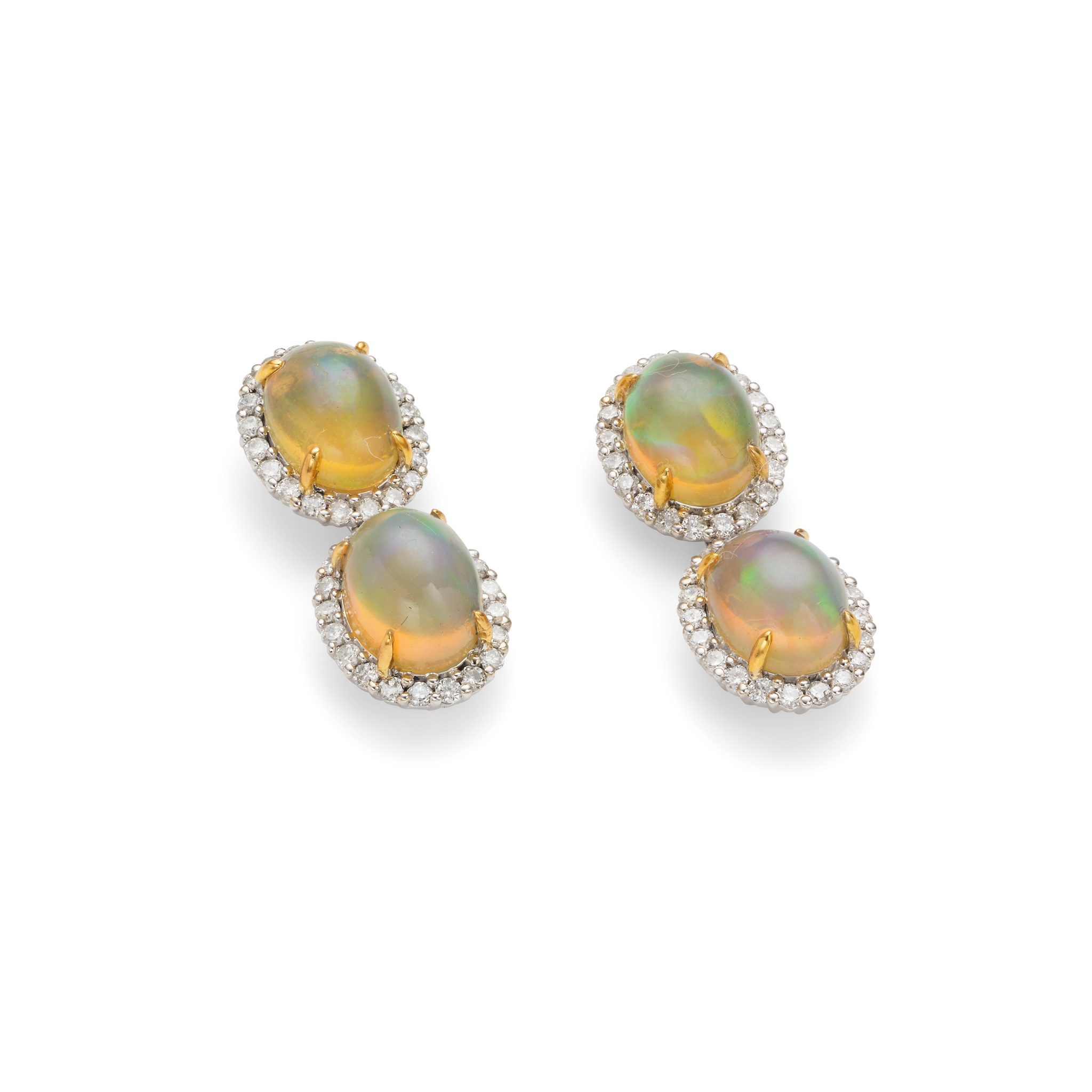 A pair of opal and diamond pendent earrings