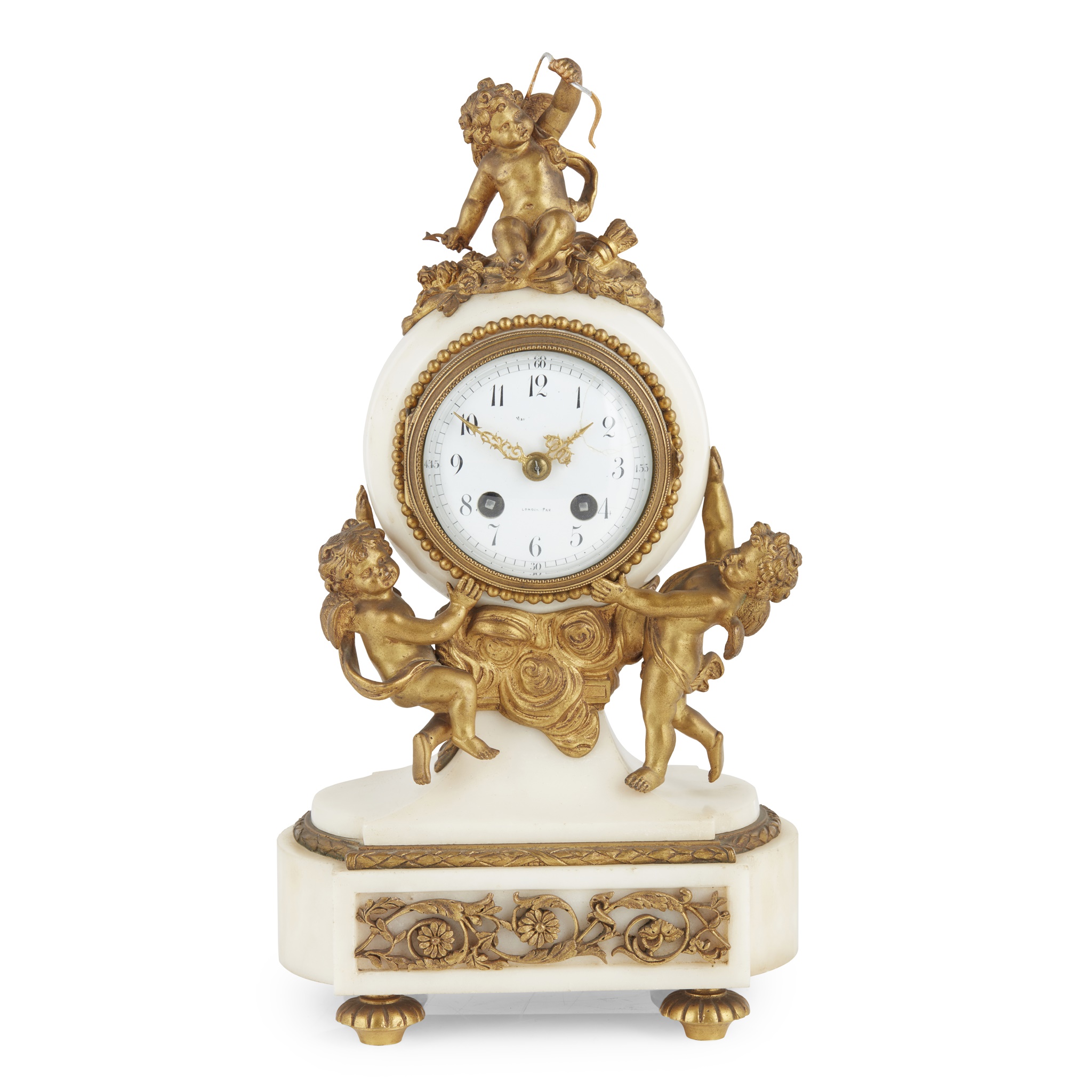 FRENCH SMALL WHITE MARBLE AND GILT BRONZE MANTEL CLOCK
