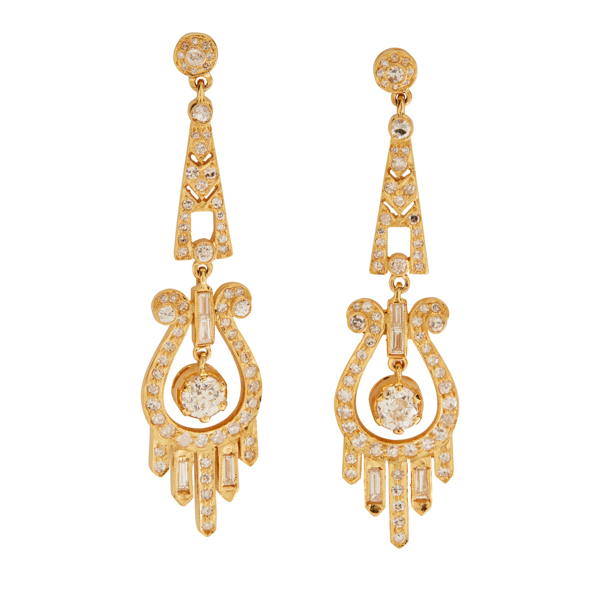 A pair of diamond pendent earrings