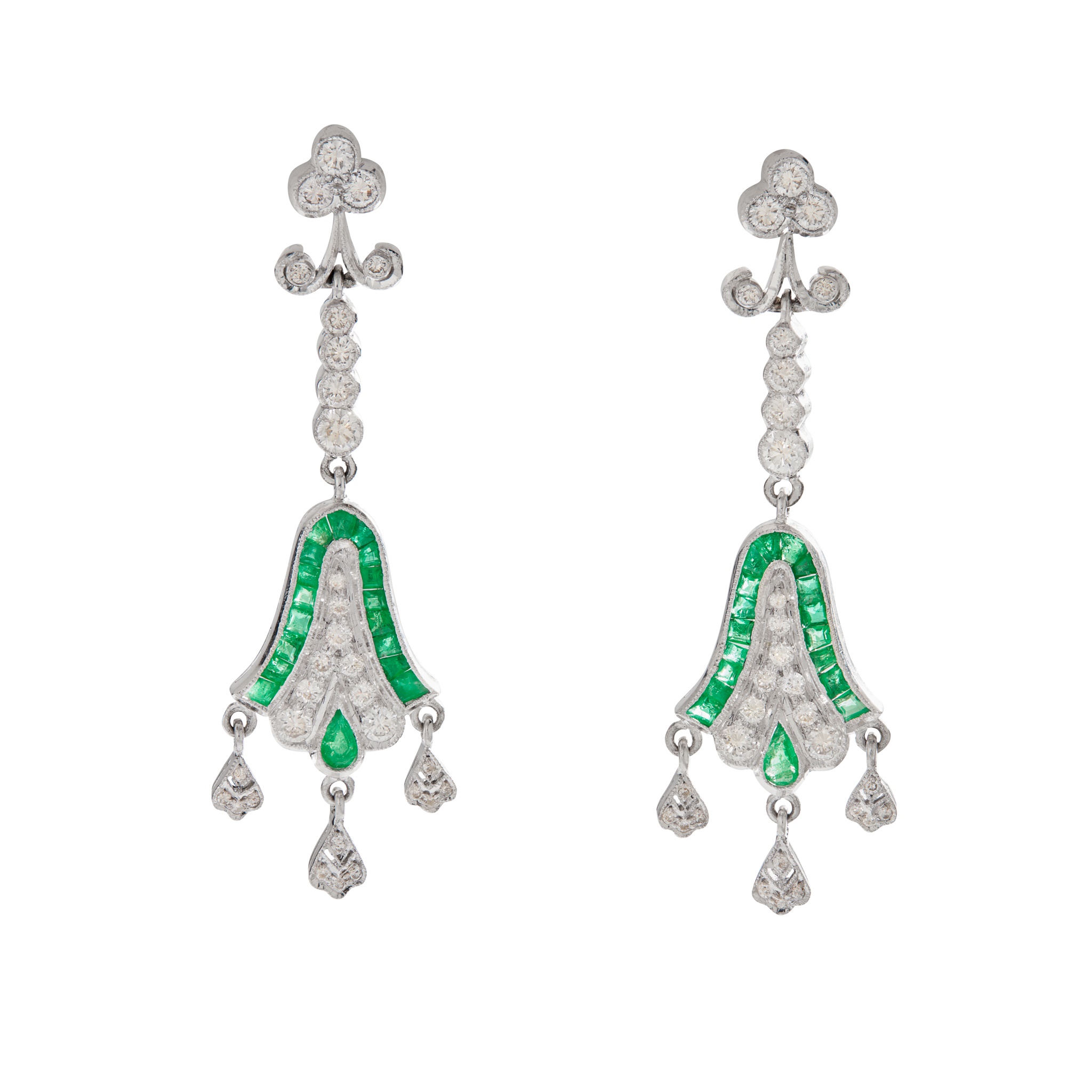 A pair of emerald and diamond pendent earrings