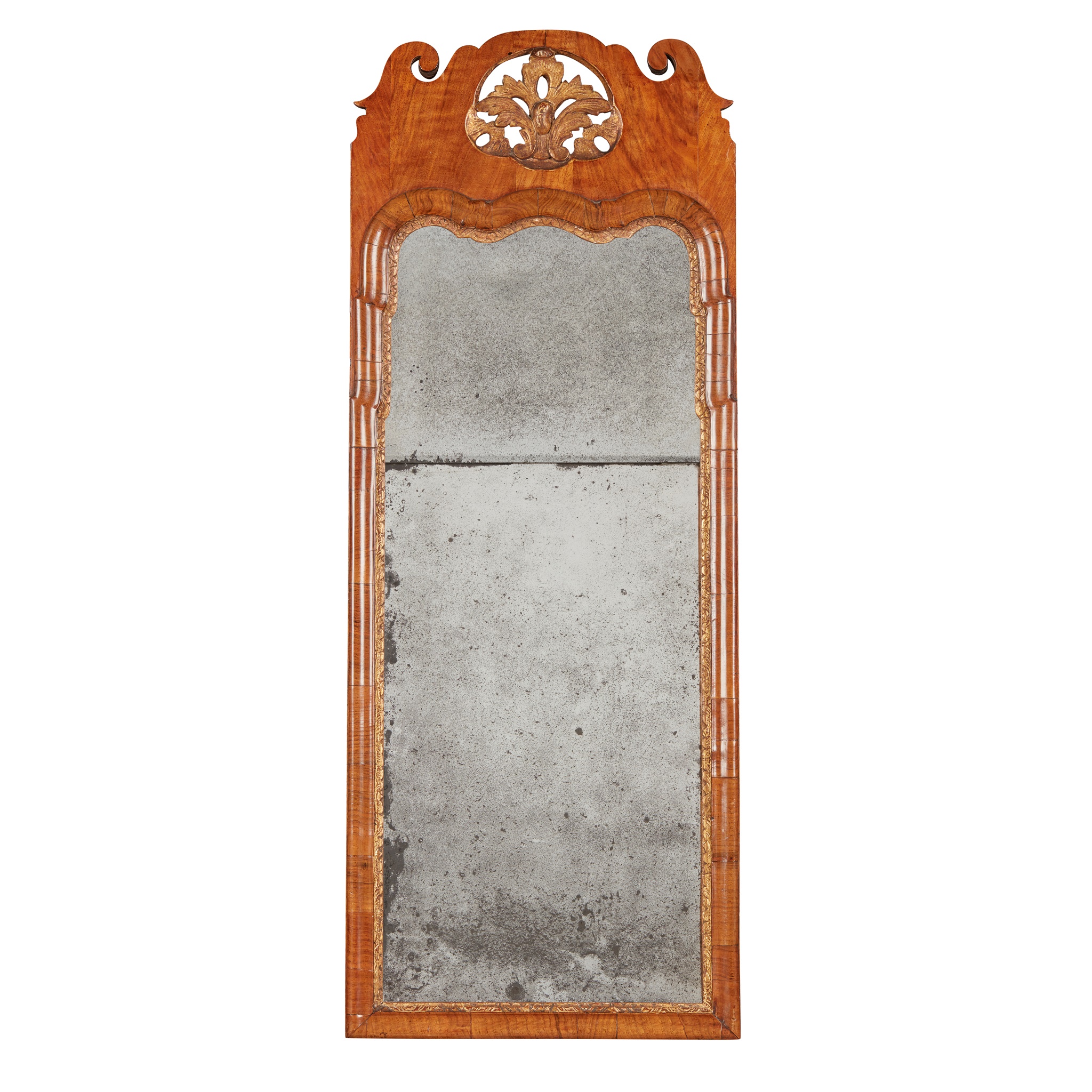 GEORGE I WALNUT AND PARCEL-GILT MIRROR