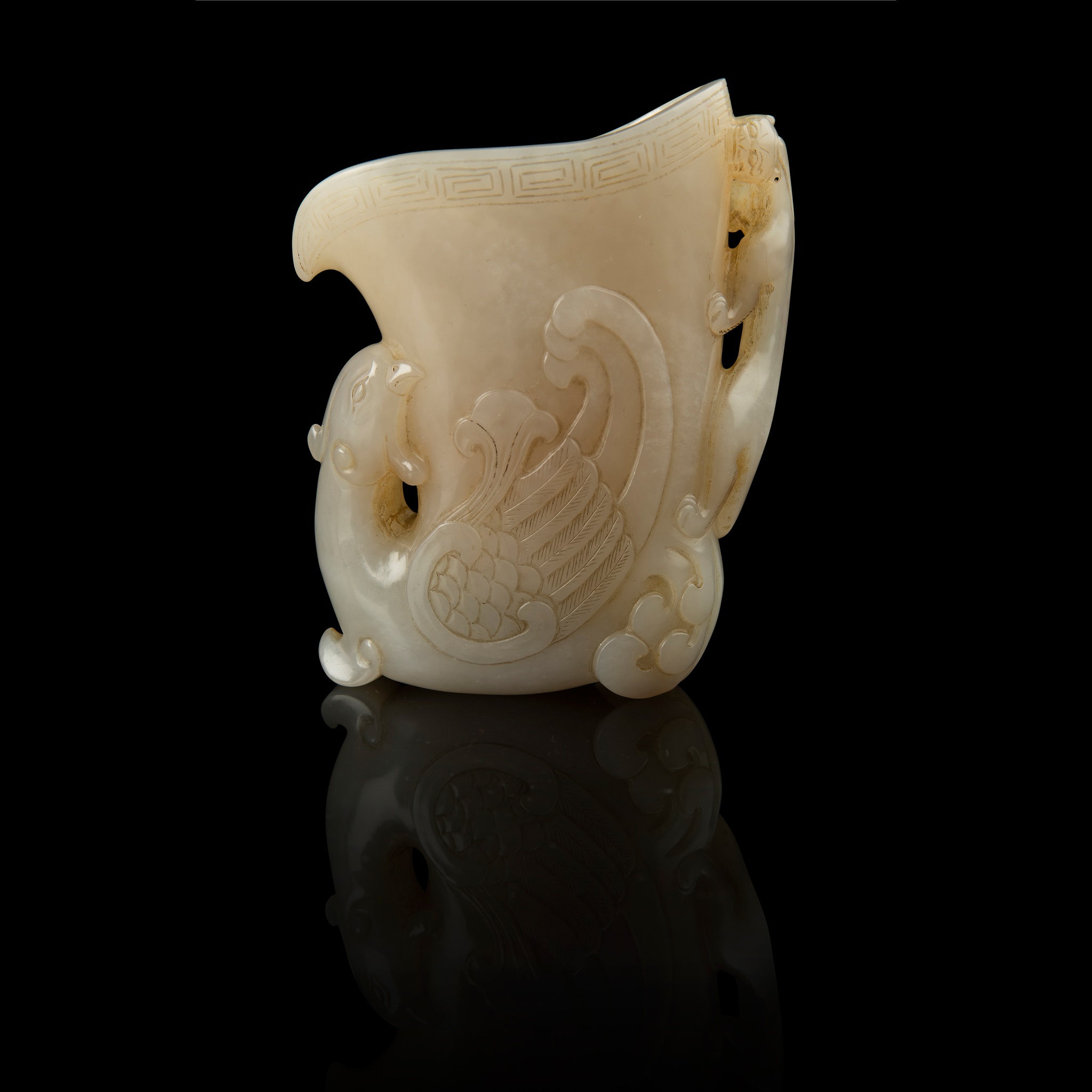 WHITE JADE 'PHOENIX AND CHI DRAGON' LIBATION CUP