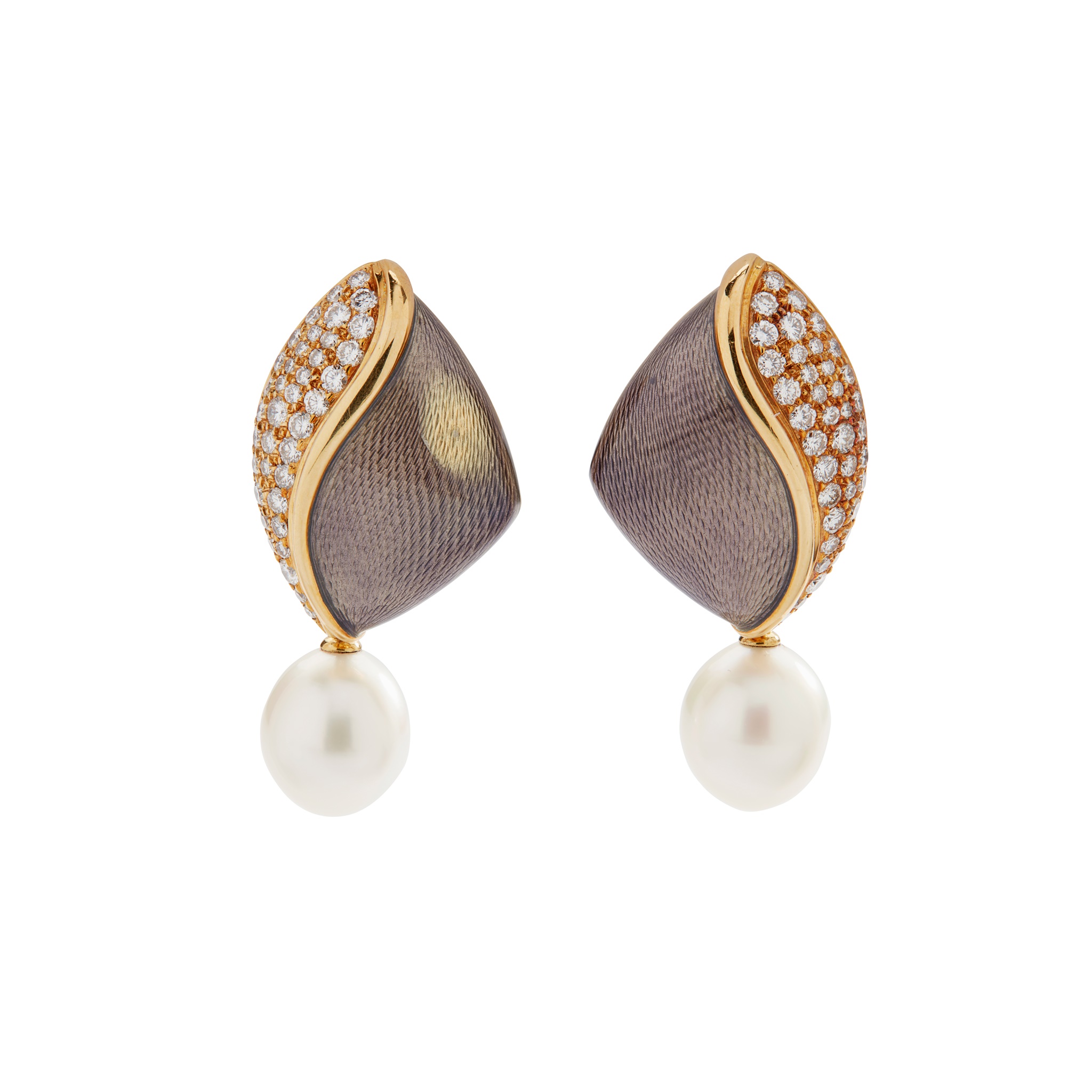 A pair of South Sea cultured pearl, enamel and diamond earrings, by Leo de Vroomen