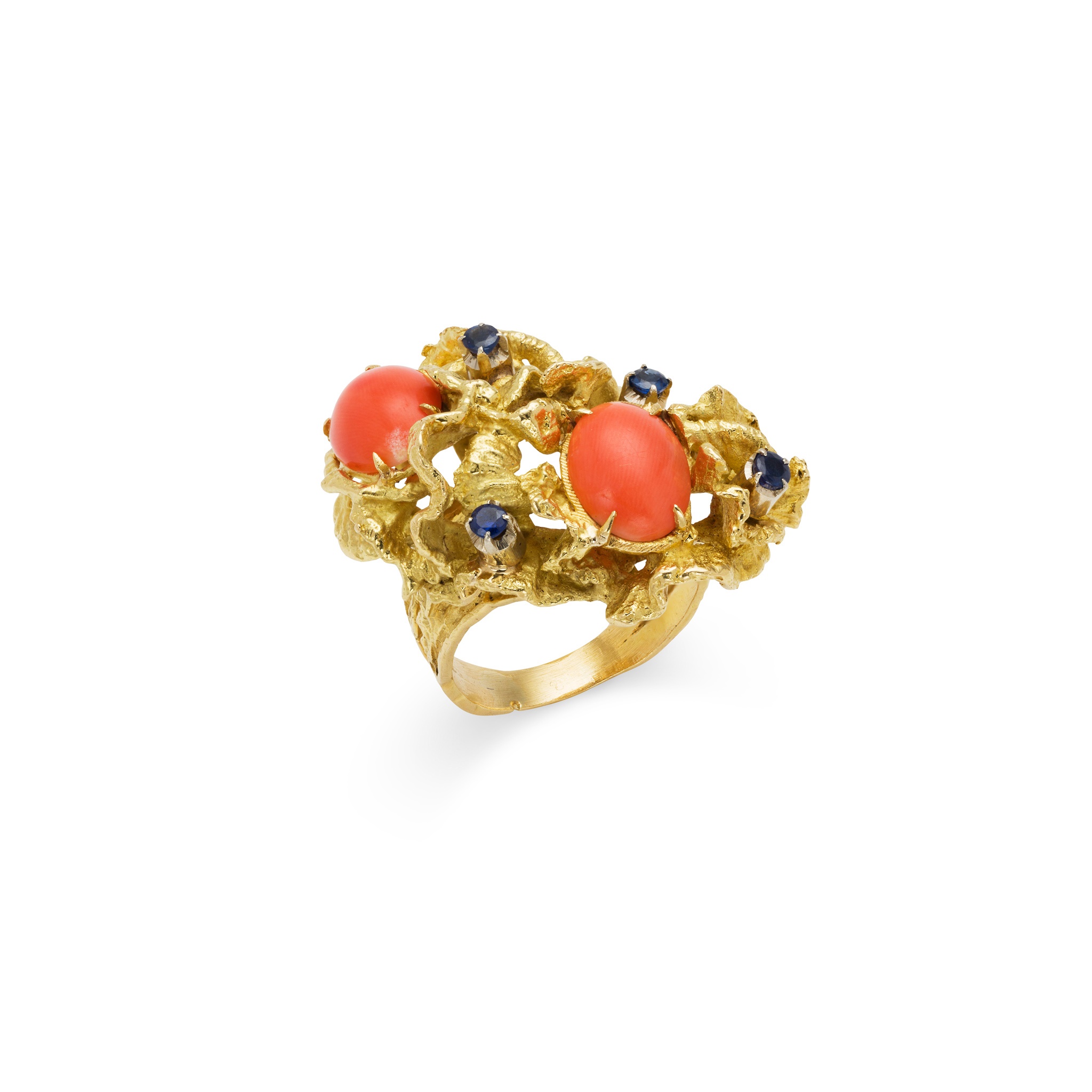 A contemporary coral and sapphire cluster ring