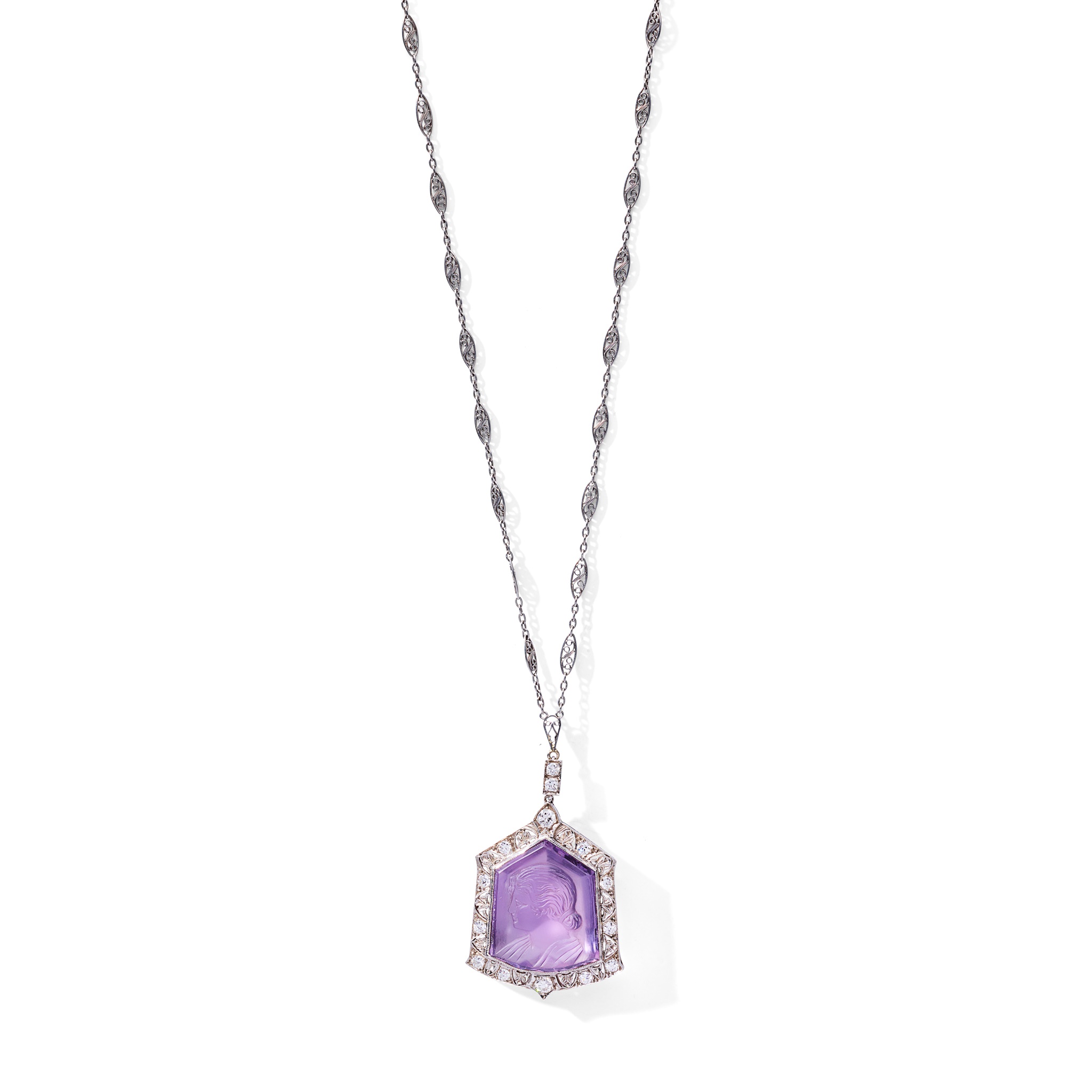An early 20th century amethyst and diamond pendant necklace