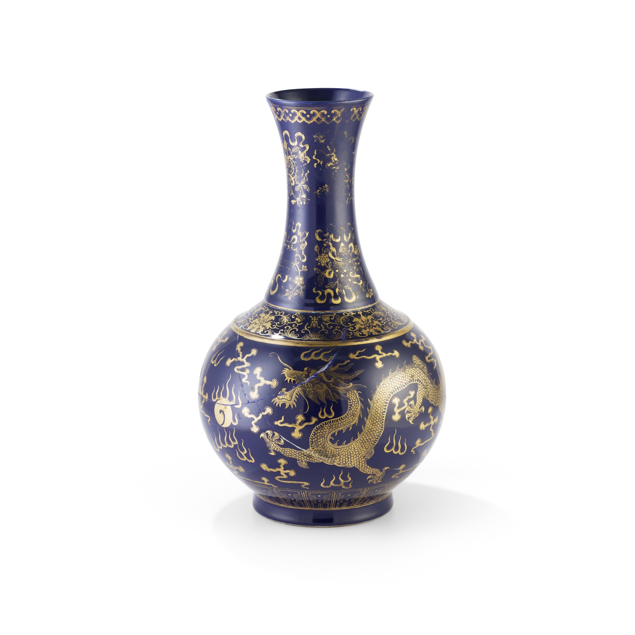 GILT-DECORATED POWDER-BLUE-GLAZED BOTTLE VASE