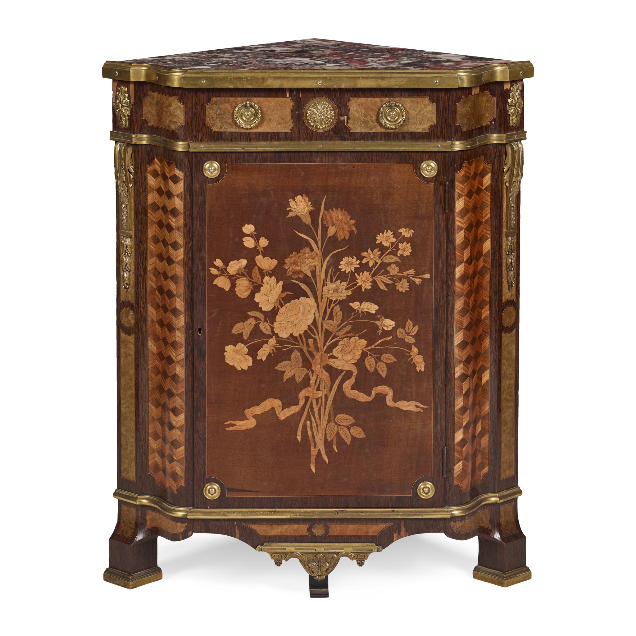 LOUIS XV STYLE KINGWOOD, AMARANTH AND MARQUETRY ENCOIGNURE, BY PAUL SORMANI, PARIS