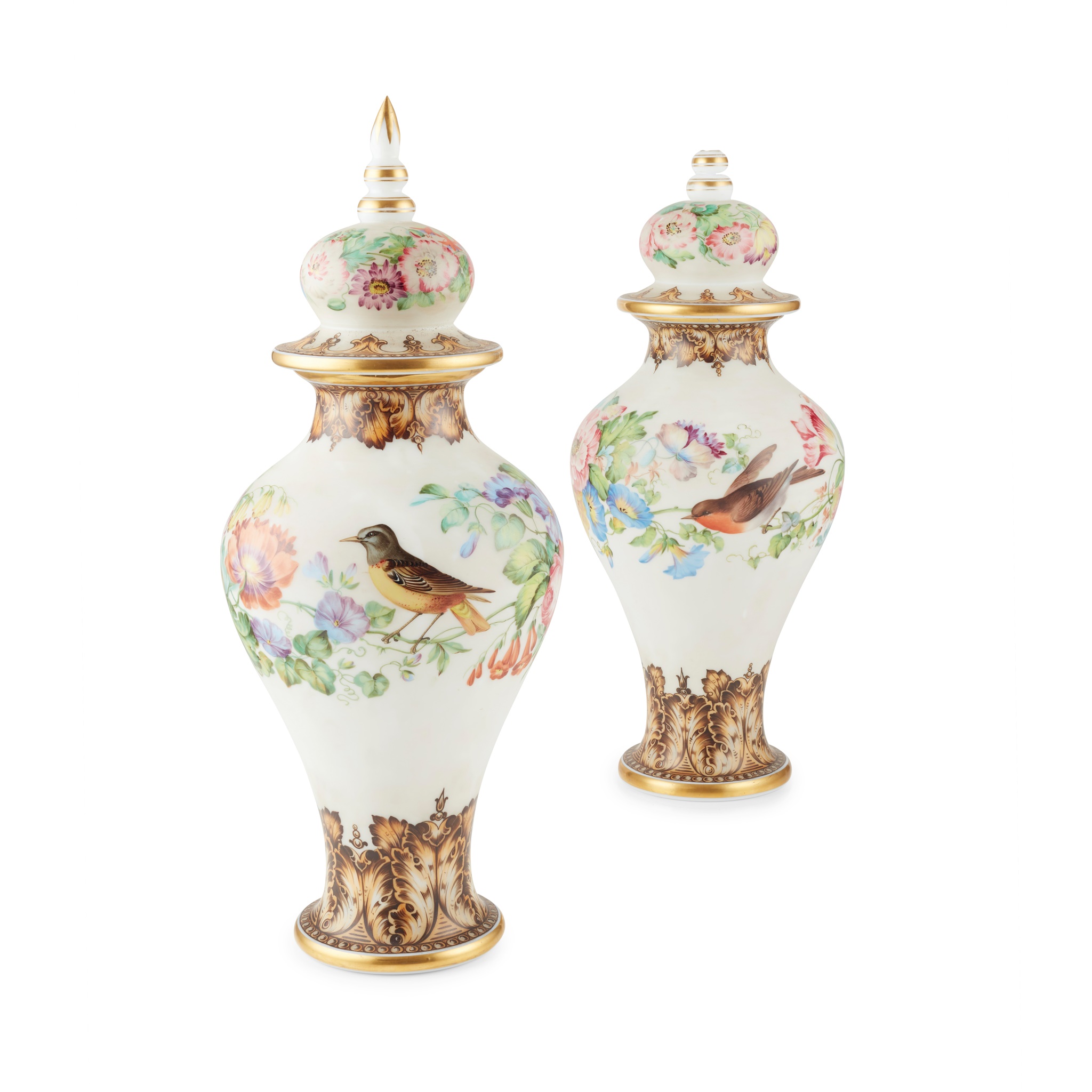 PAIR OF BOHEMIAN ENAMELLED MILK GLASS VASES AND COVERS
