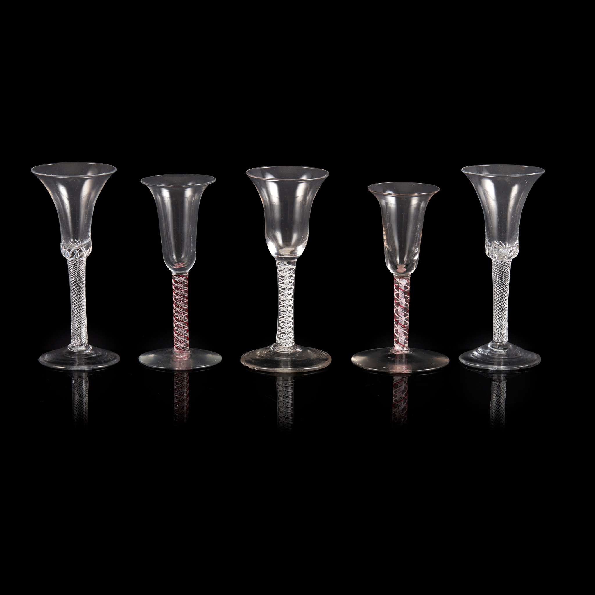 FIVE TWIST-STEM WINE GLASSES