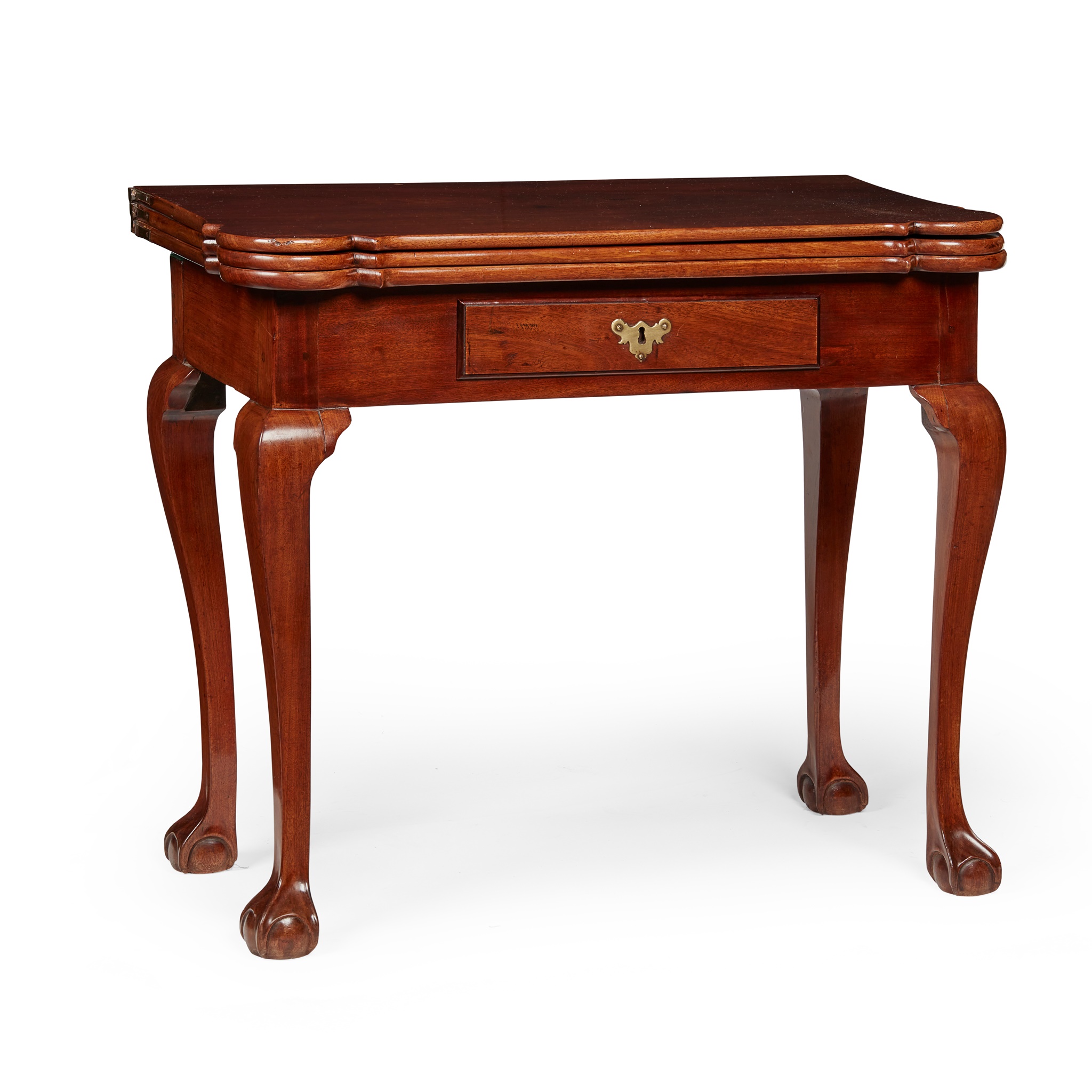 EARLY GEORGE III MAHOGANY INLAID TRIPLE FOLD-OVER GAMES TABLE