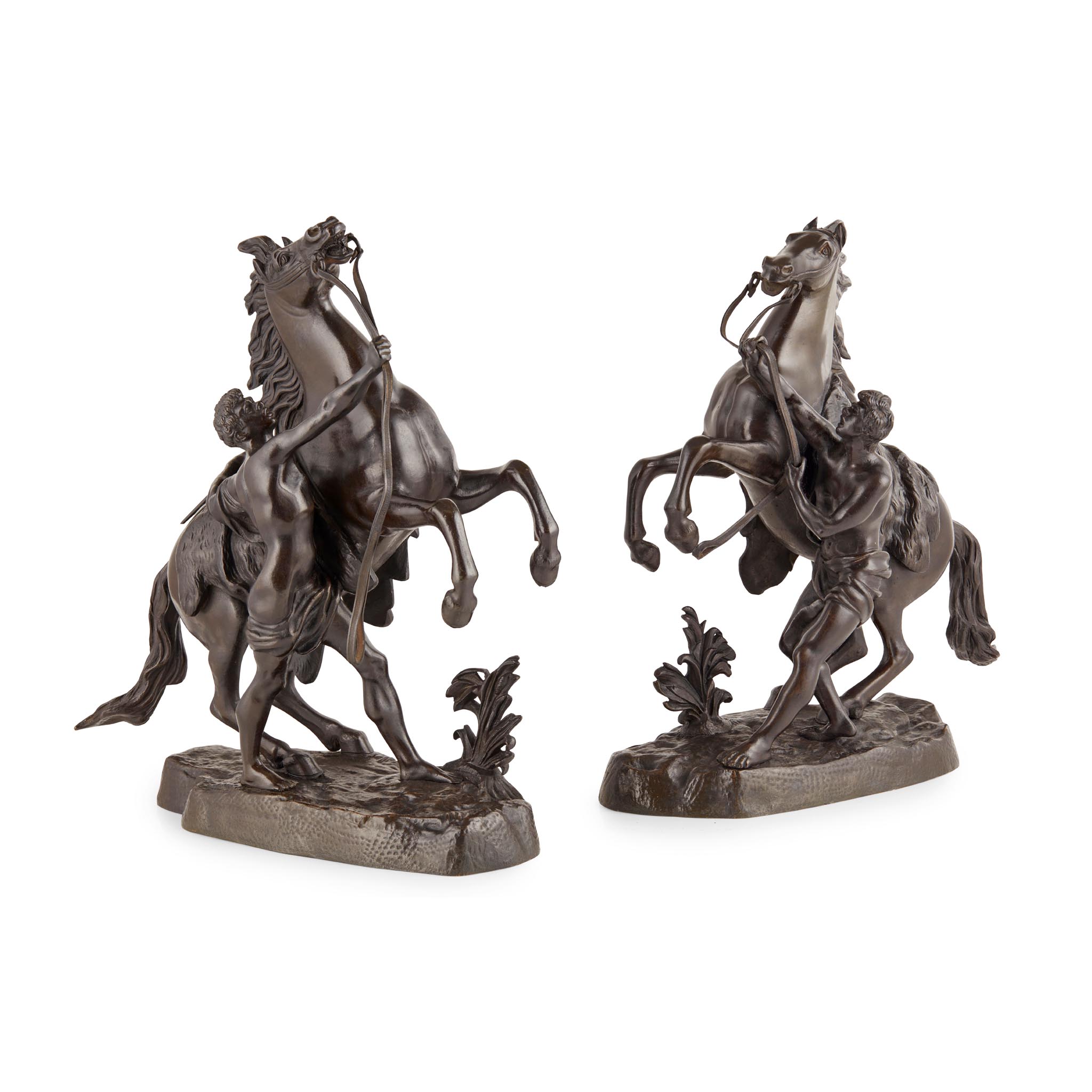 PAIR OF SMALL FRENCH BRONZE MARLY HORSE FIGURES, AFTER COUSTOU