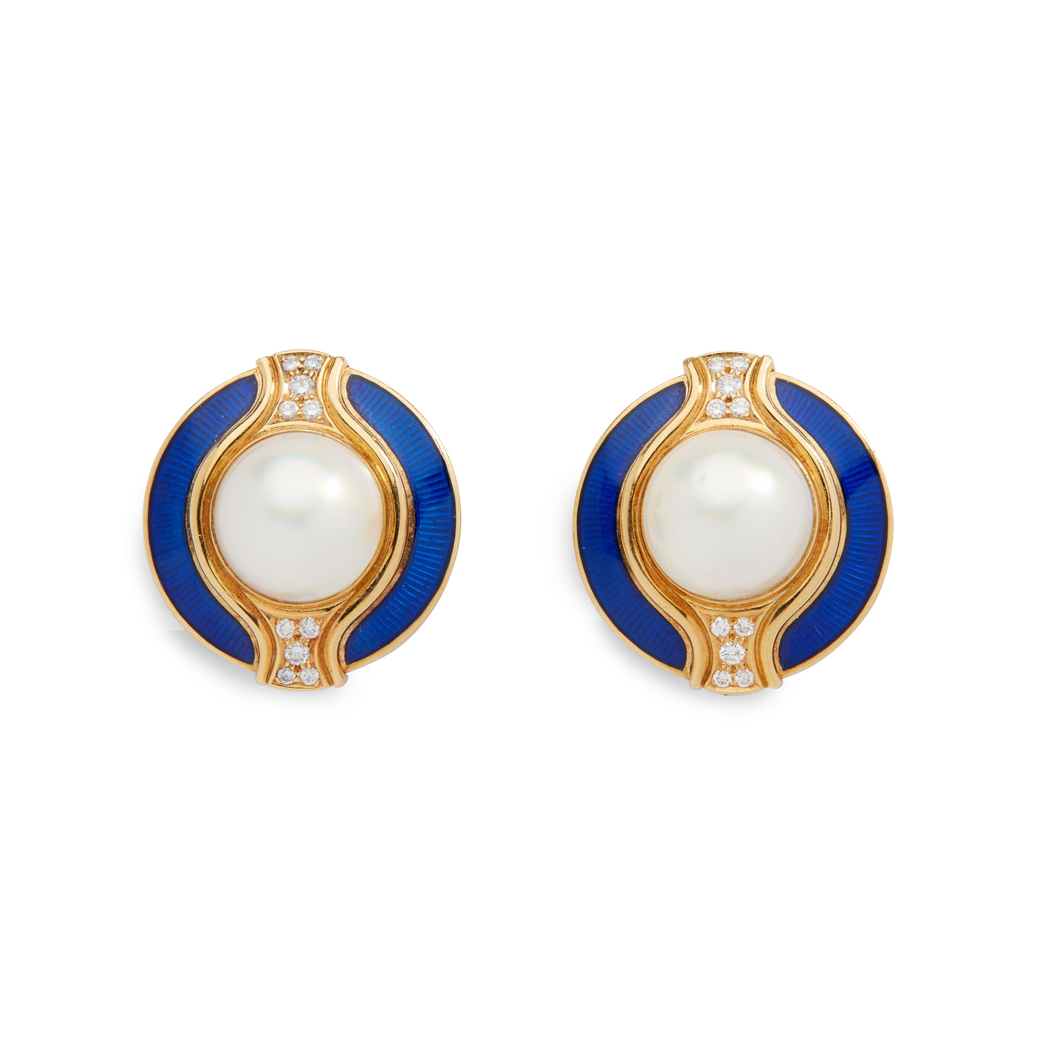 A pair of pearl, enamel and diamond earrings, by Leo de Vroomen
