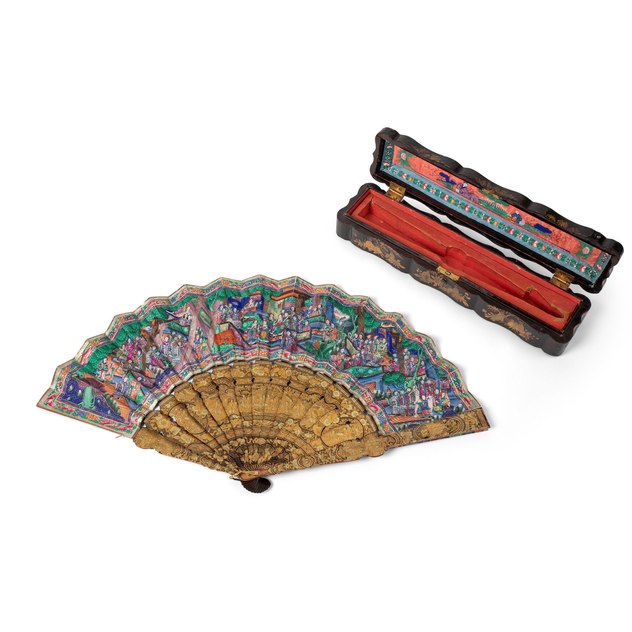 FINE CANTON LACQUERED AND PAPER 'THOUSAND FACES' FAN
