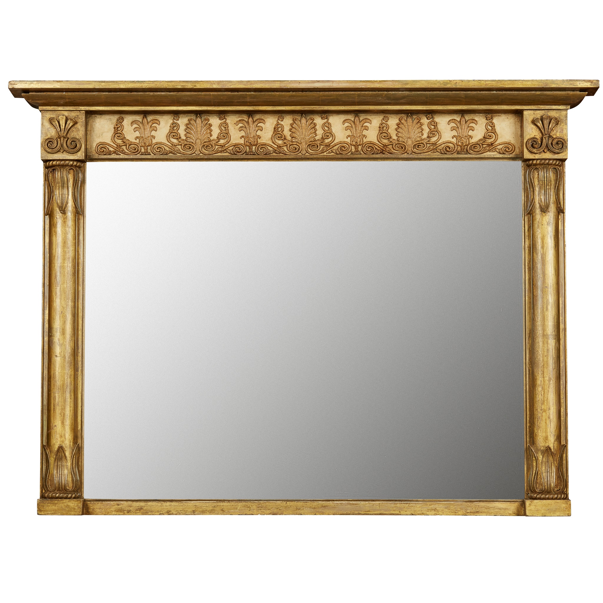 REGENCY GILTWOOD, GESSO, AND PAINTED OVERMANTEL MIRROR