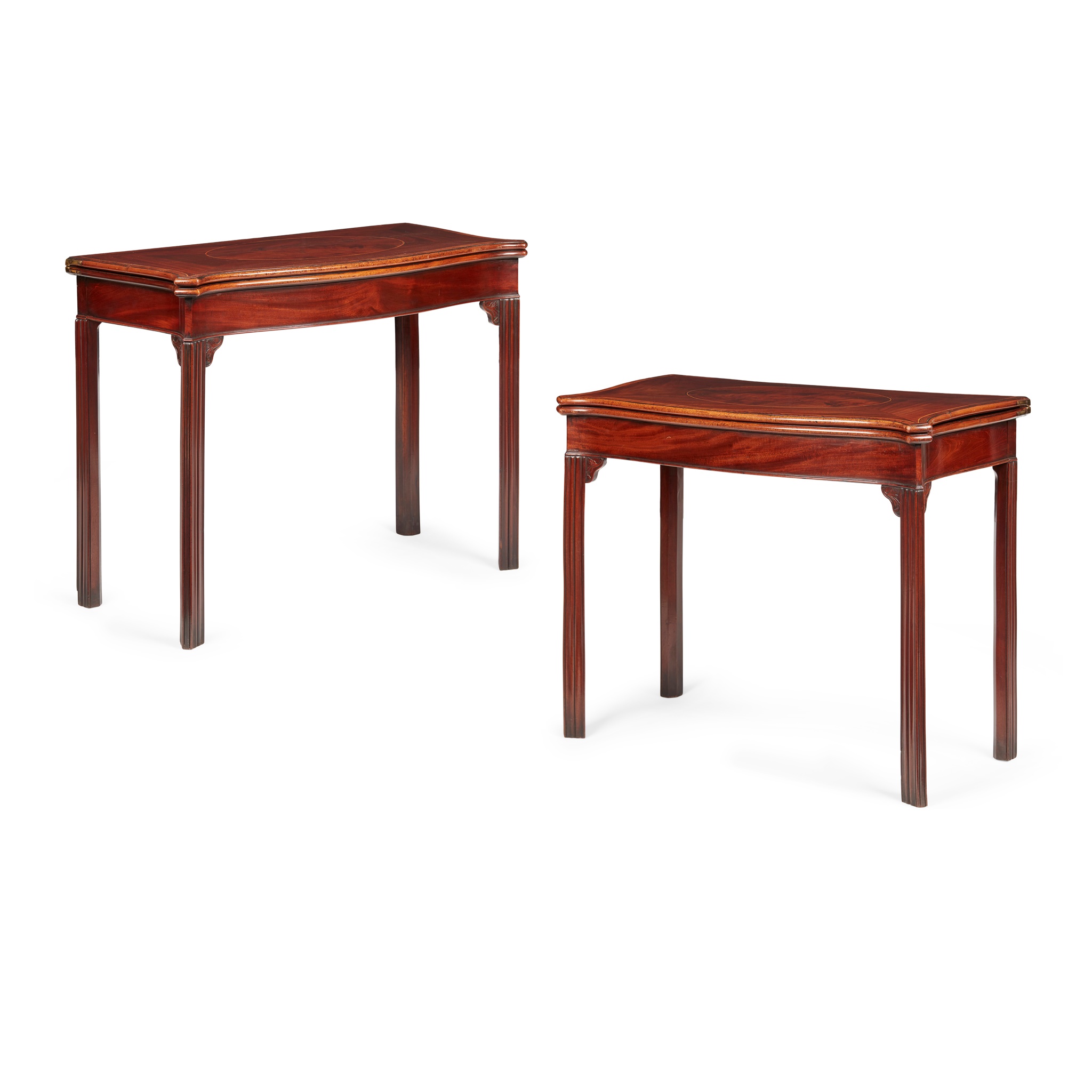PAIR OF GEORGE III MAHOGANY AND BOXWOOD STRUNG SERPENTINE CARD TABLES