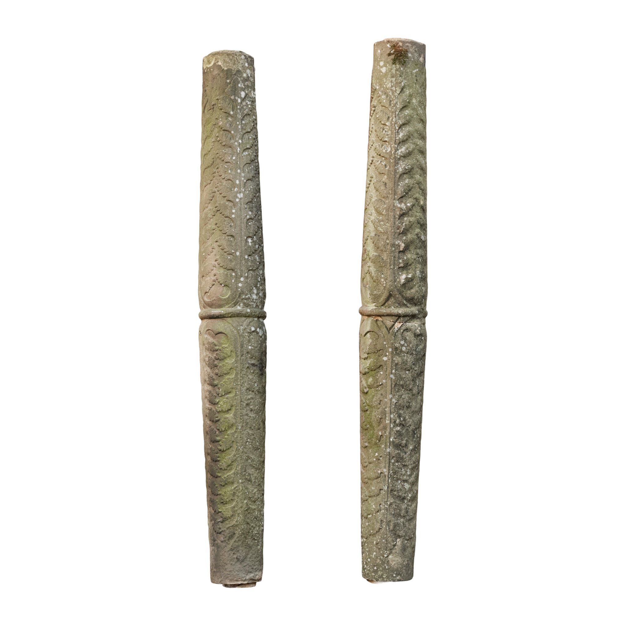 PAIR OF SCOTTISH CARVED SANDSTONE PILLARS IN THE MANNER OF ALEXANDER THOMSON