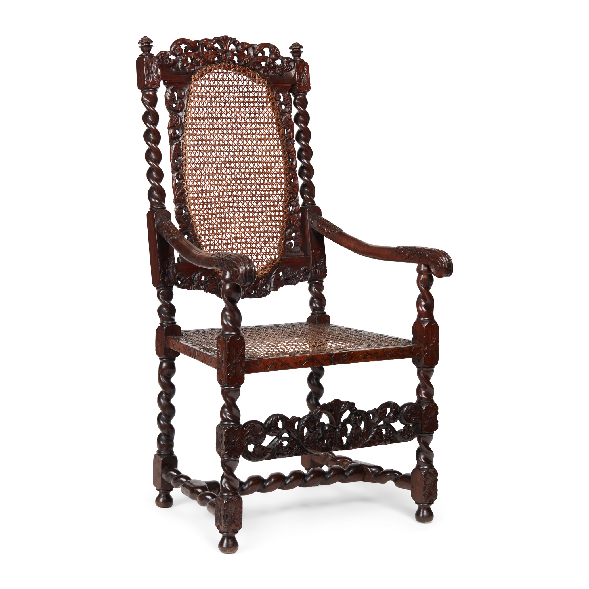CHARLES II CARVED WALNUT AND CANED ARMCHAIR
