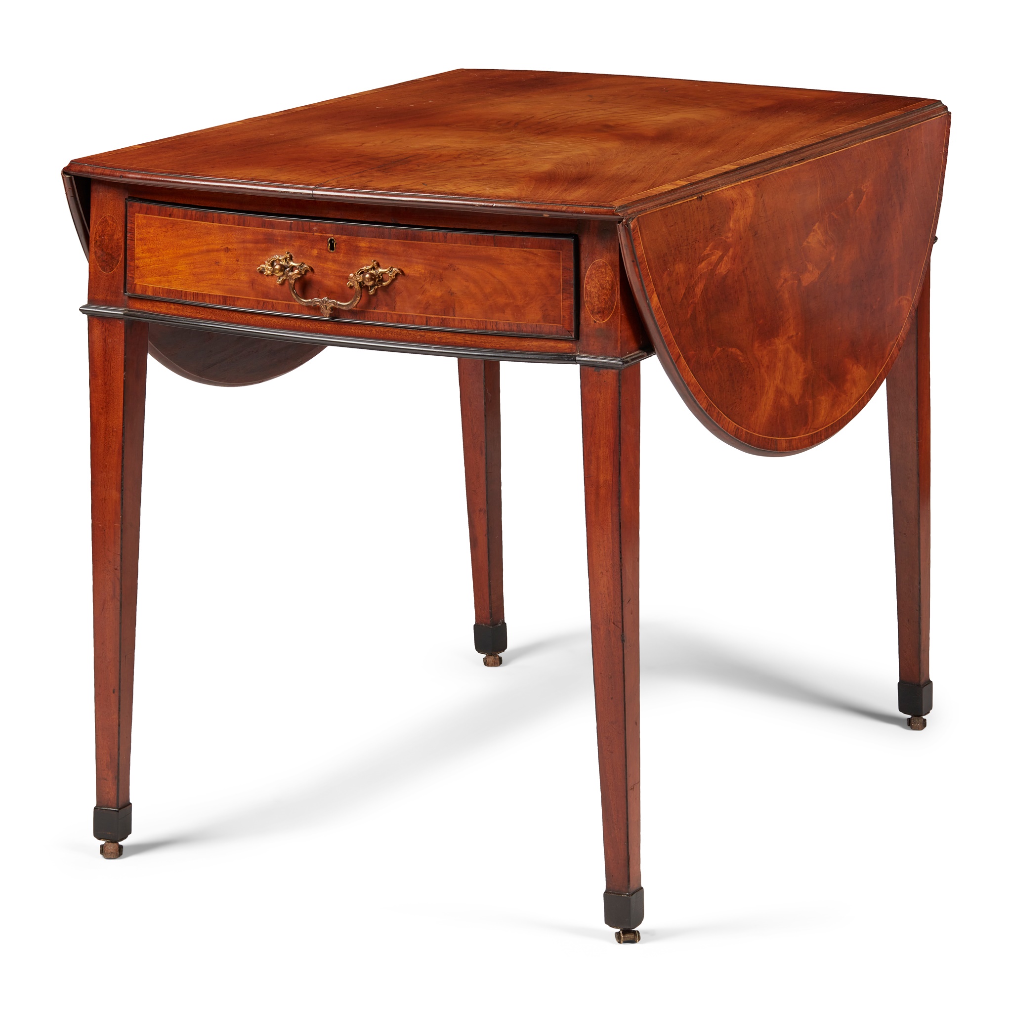 GEORGE III FLAME MAHOGANY, TULIPWOOD, AND EBONY PEMBROKE TABLE