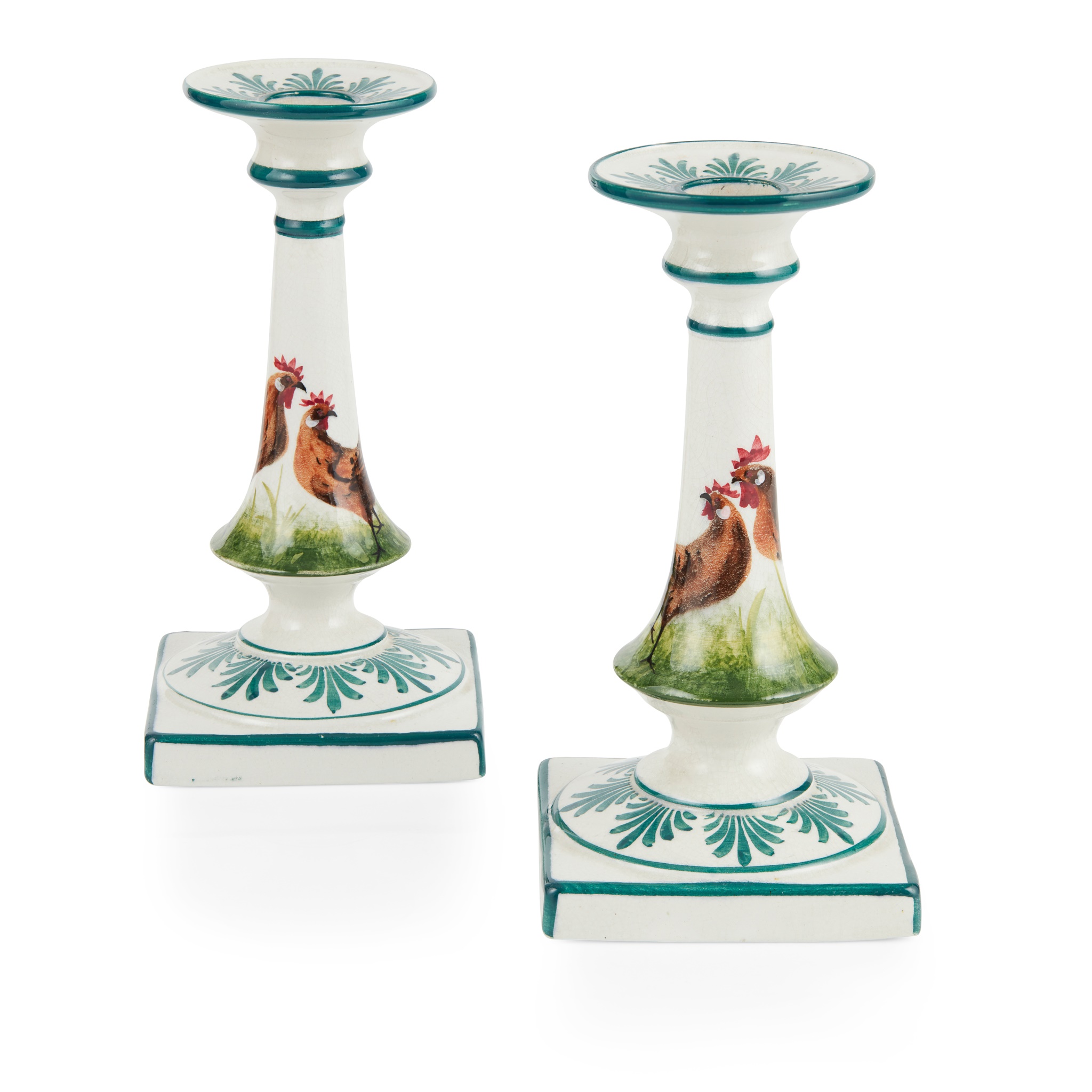 A PAIR OF WEMYSS WARE LOW CANDLESTICKS