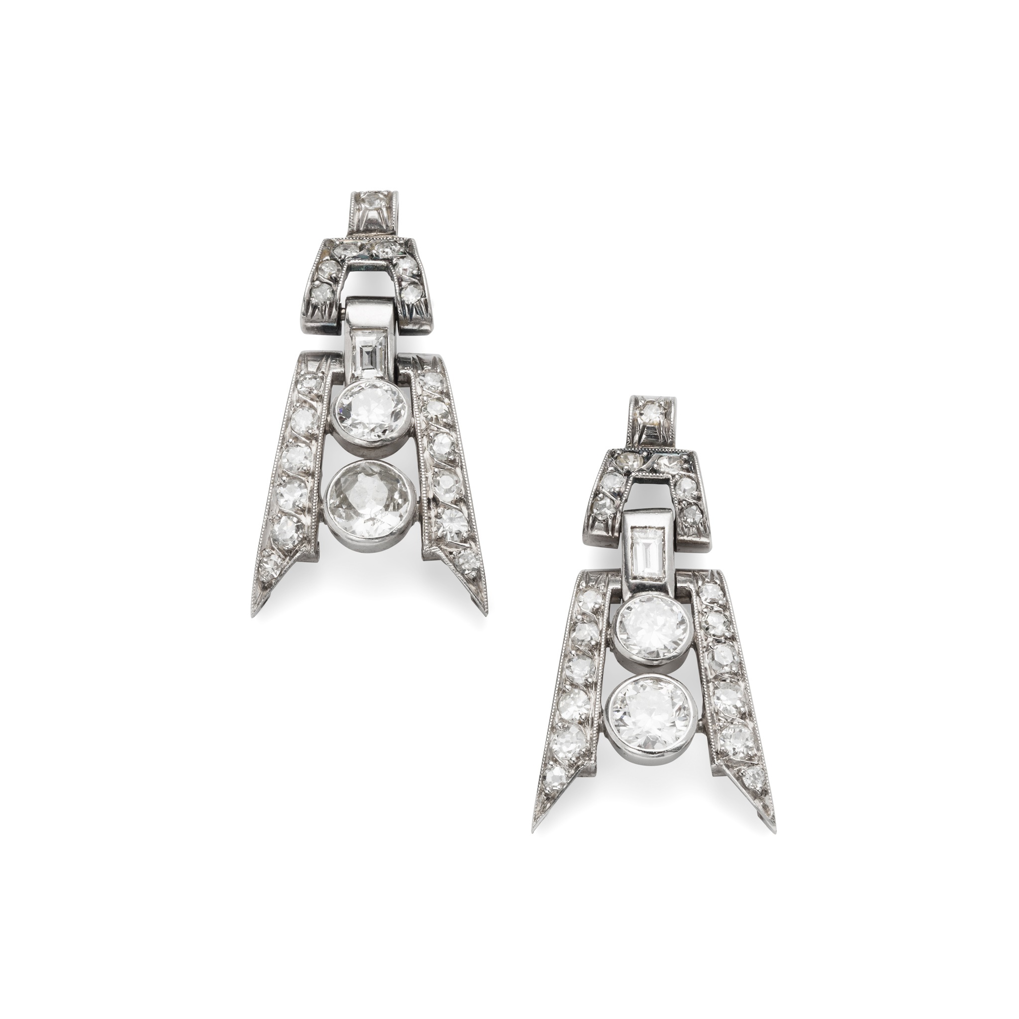 A pair of diamond pendent earrings