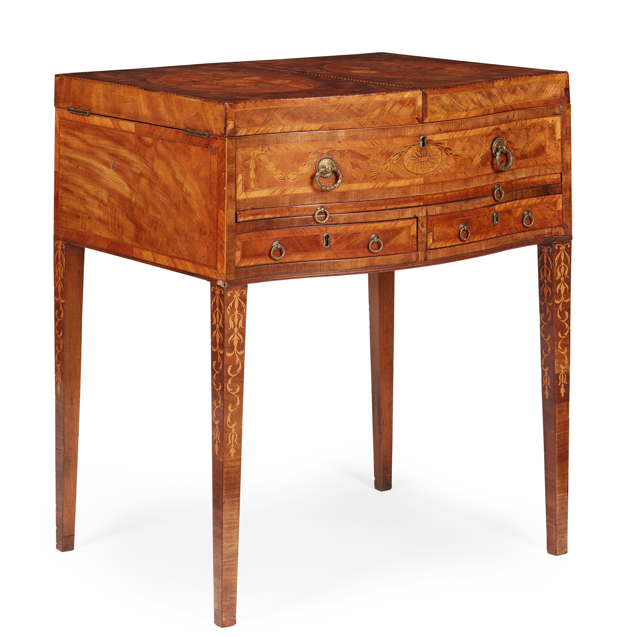 GEORGE III MAHOGANY, ROSEWOOD, AND MARQUETRY BIJOUTERIE TABLE