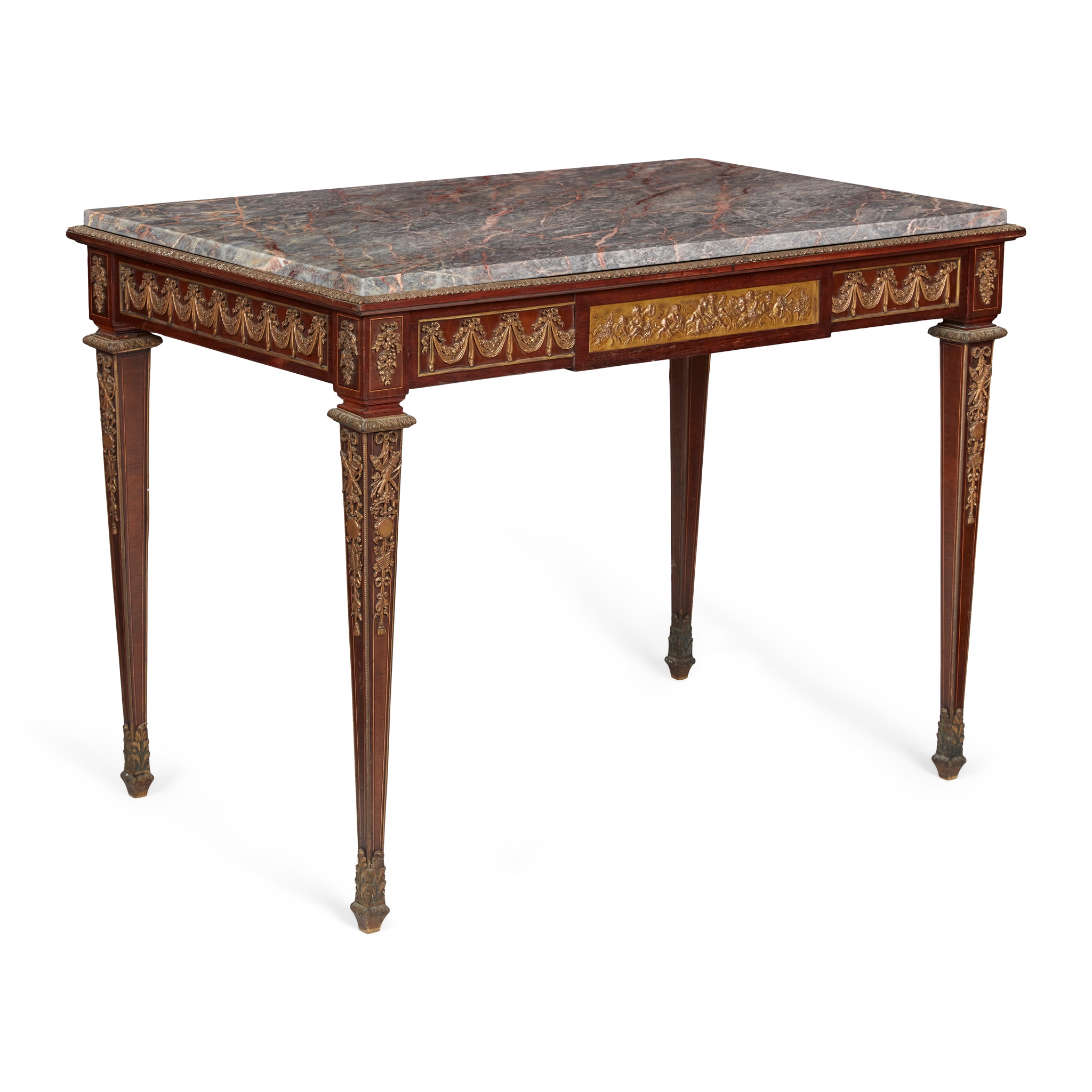 FINE LOUIS XVI STYLE ACAJOU AND GILT BRONZE MOUNTED MARBLE TOPPED CENTRE TABLE