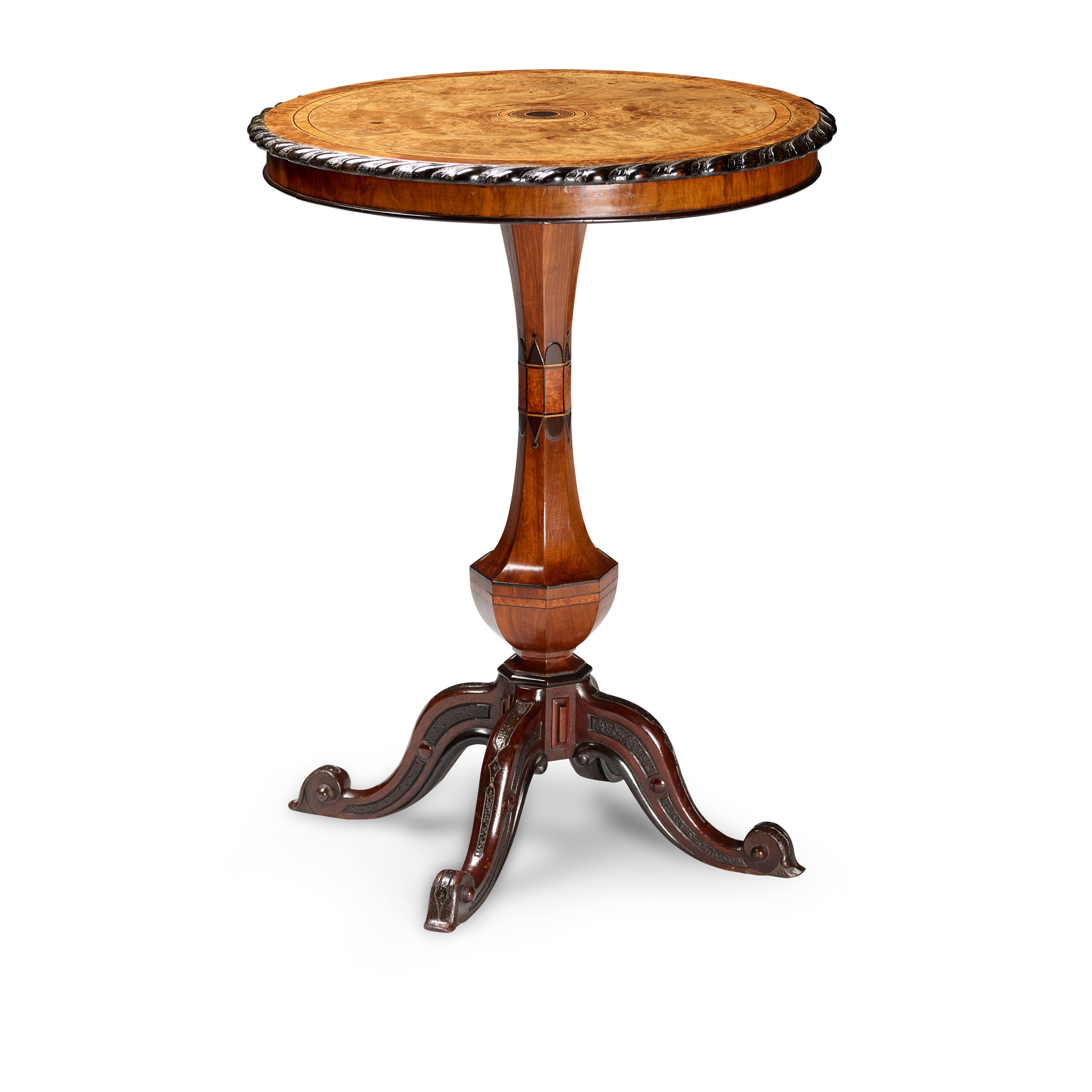 EARLY VICTORIAN WALNUT, AMBOYNA, PALM, AND EBONISED OCCASIONAL TABLE