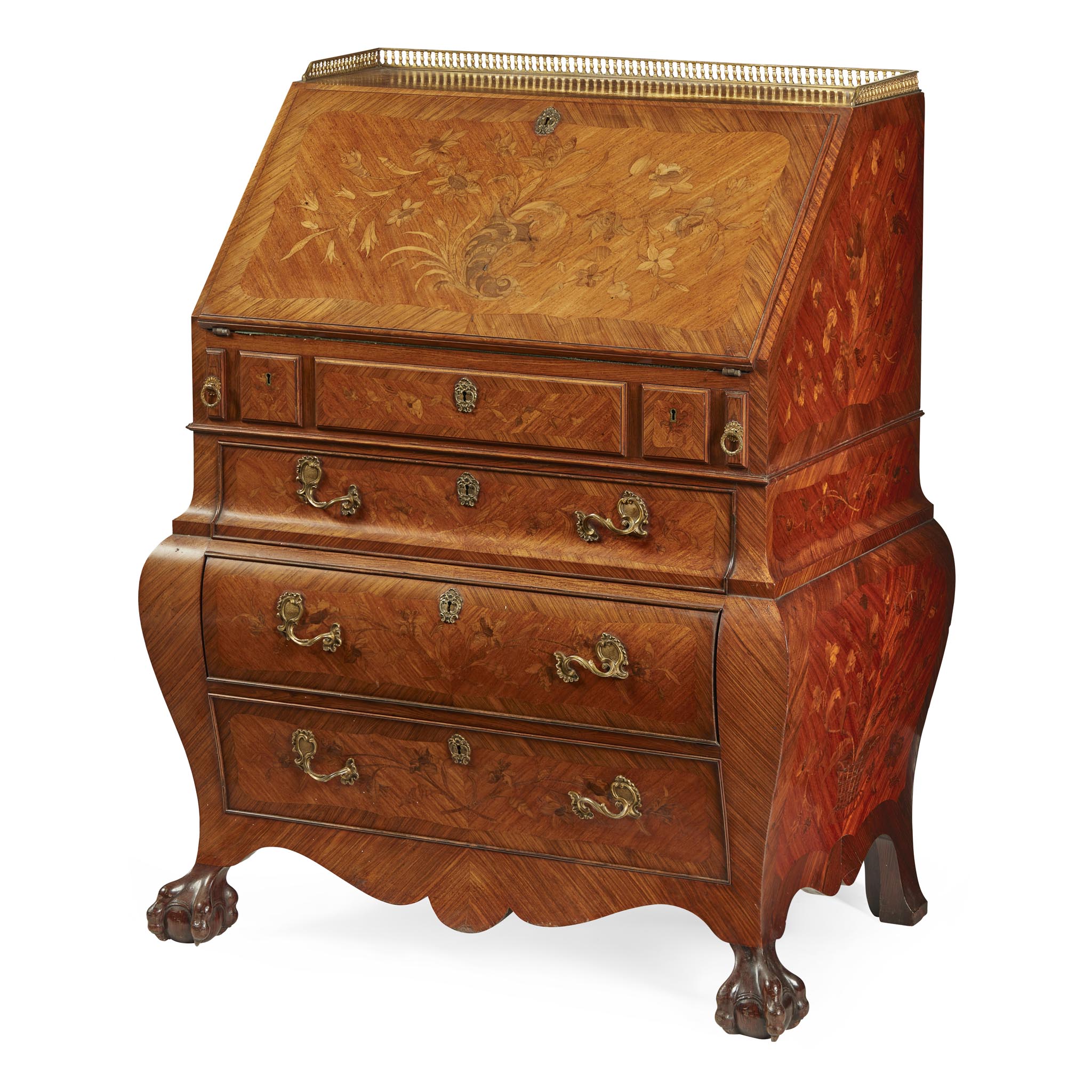 DUTCH STYLE KINGWOOD, WALNUT, MAHOGANY, AND MARQUETRY BOMBÉ BUREAU