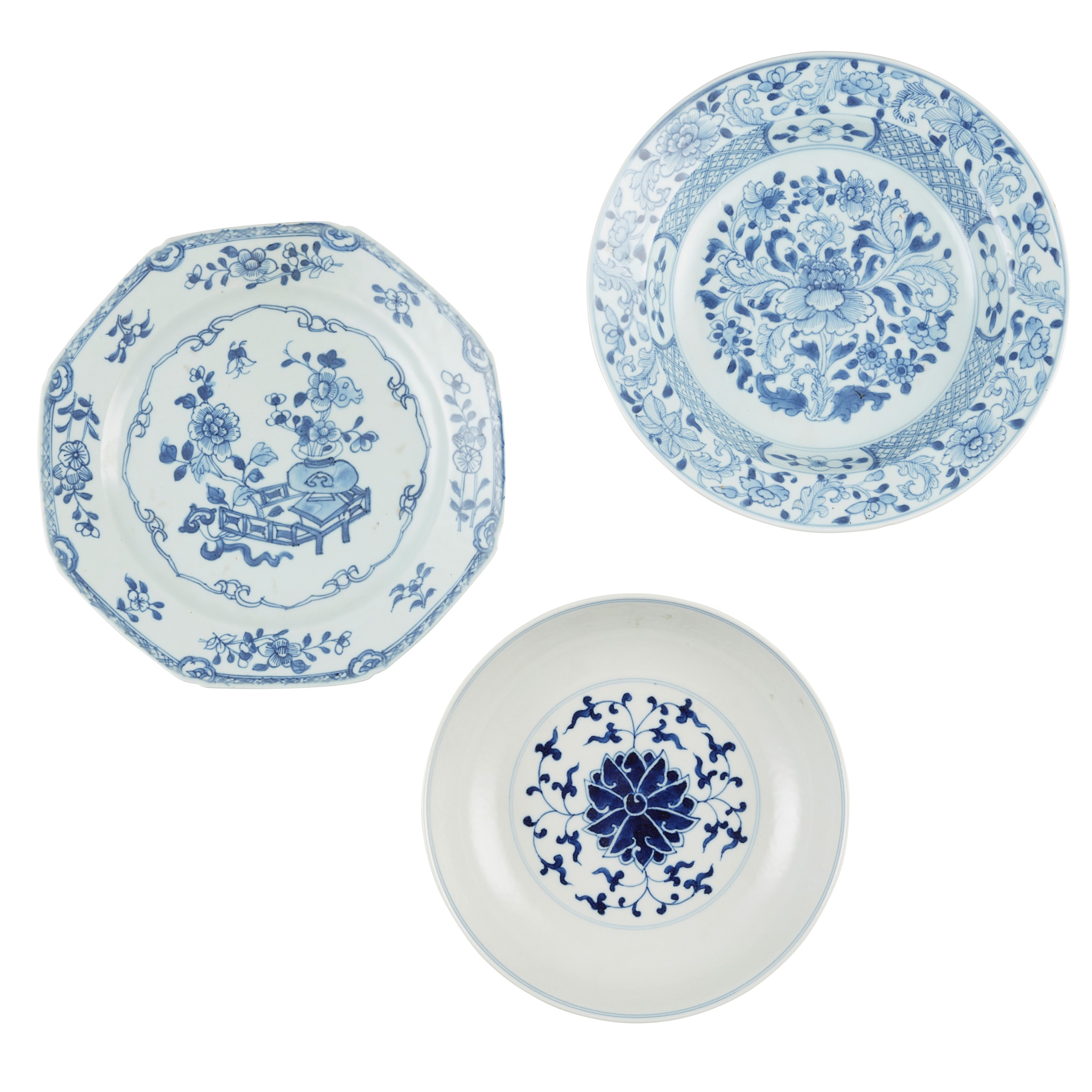 GROUP OF THREE BLUE AND WHITE PLATES