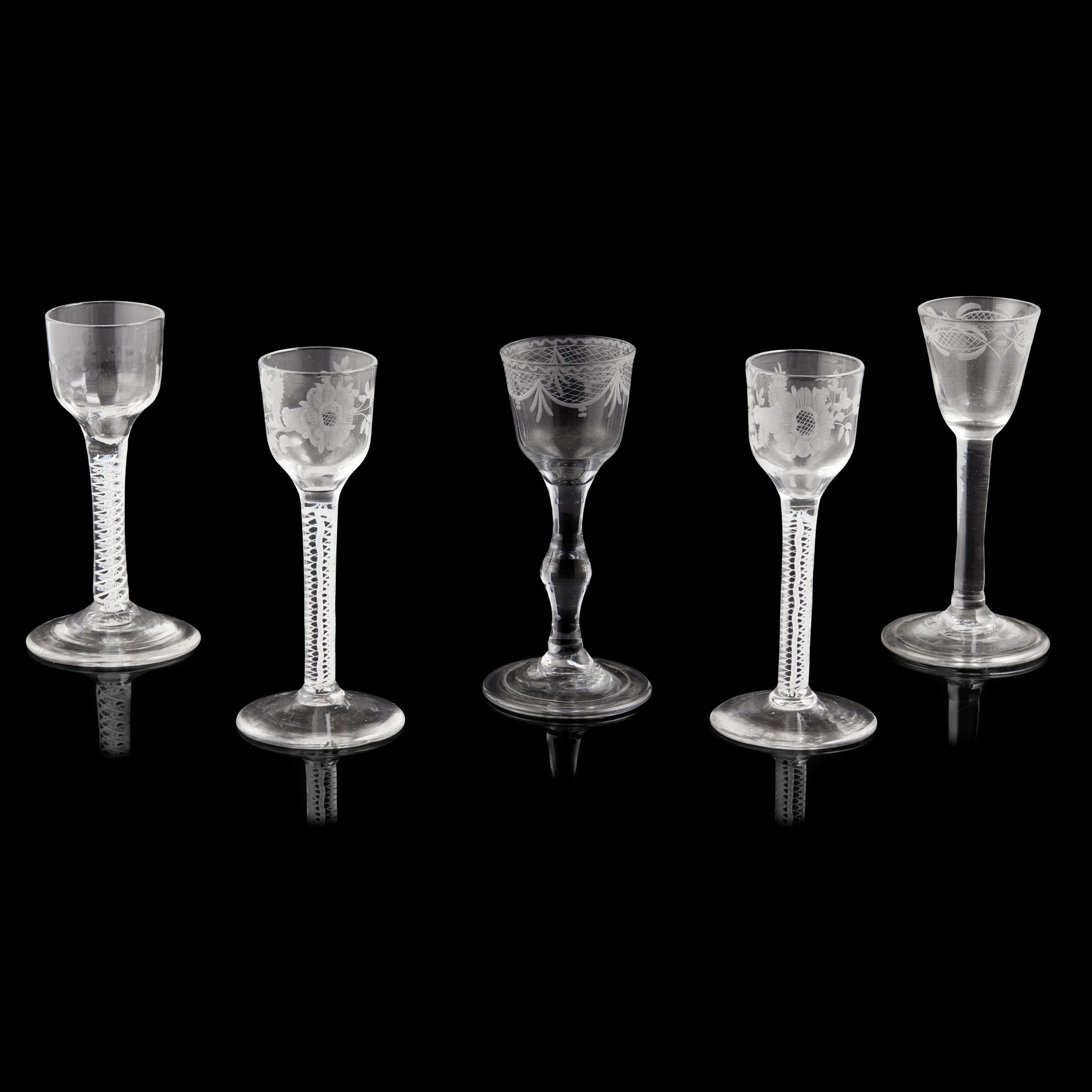 FIVE VARIOUS CORDIAL GLASSES