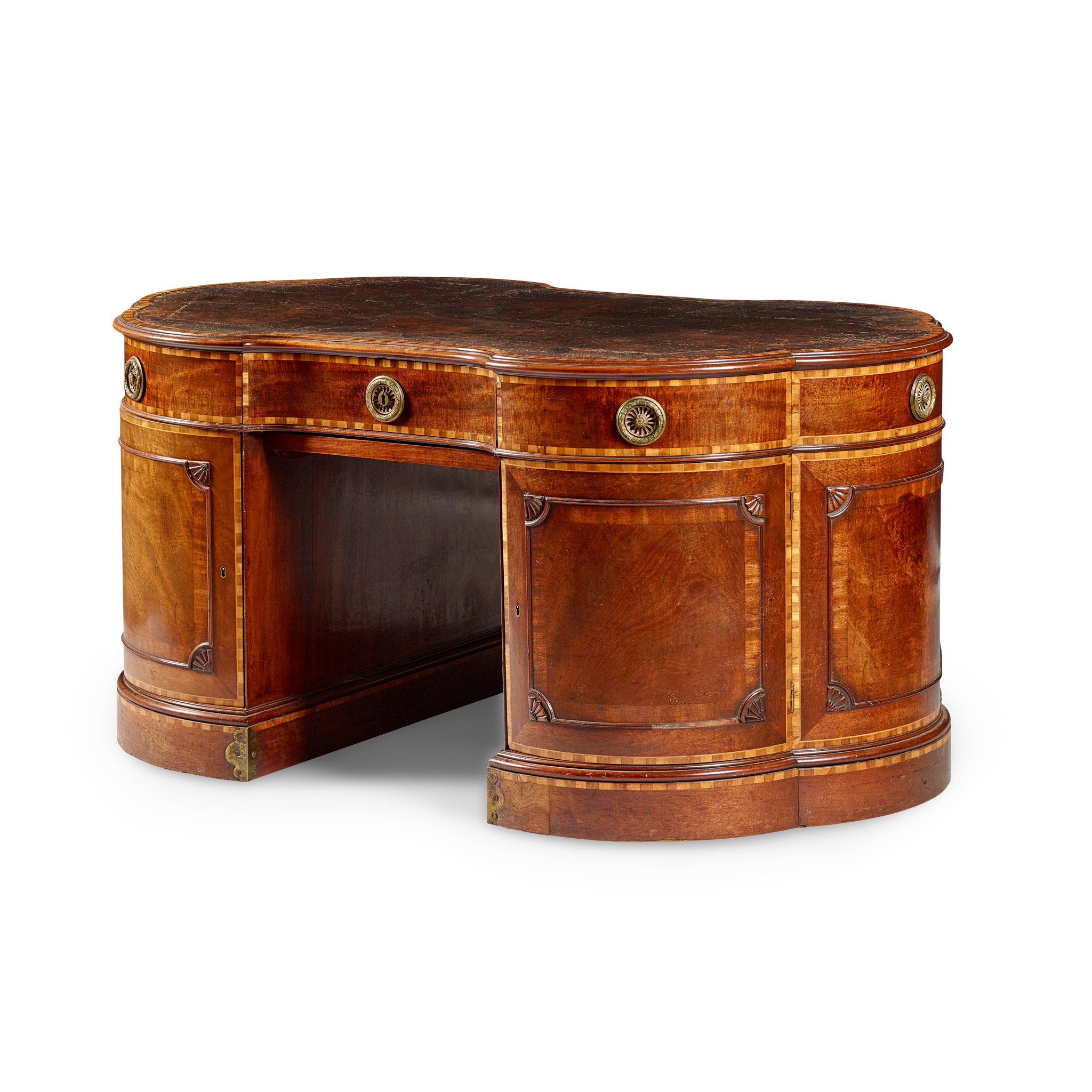 LATE GEORGE III MAHOGANY, TULIPWOOD, AND SATINWOOD PEDESTAL DESK