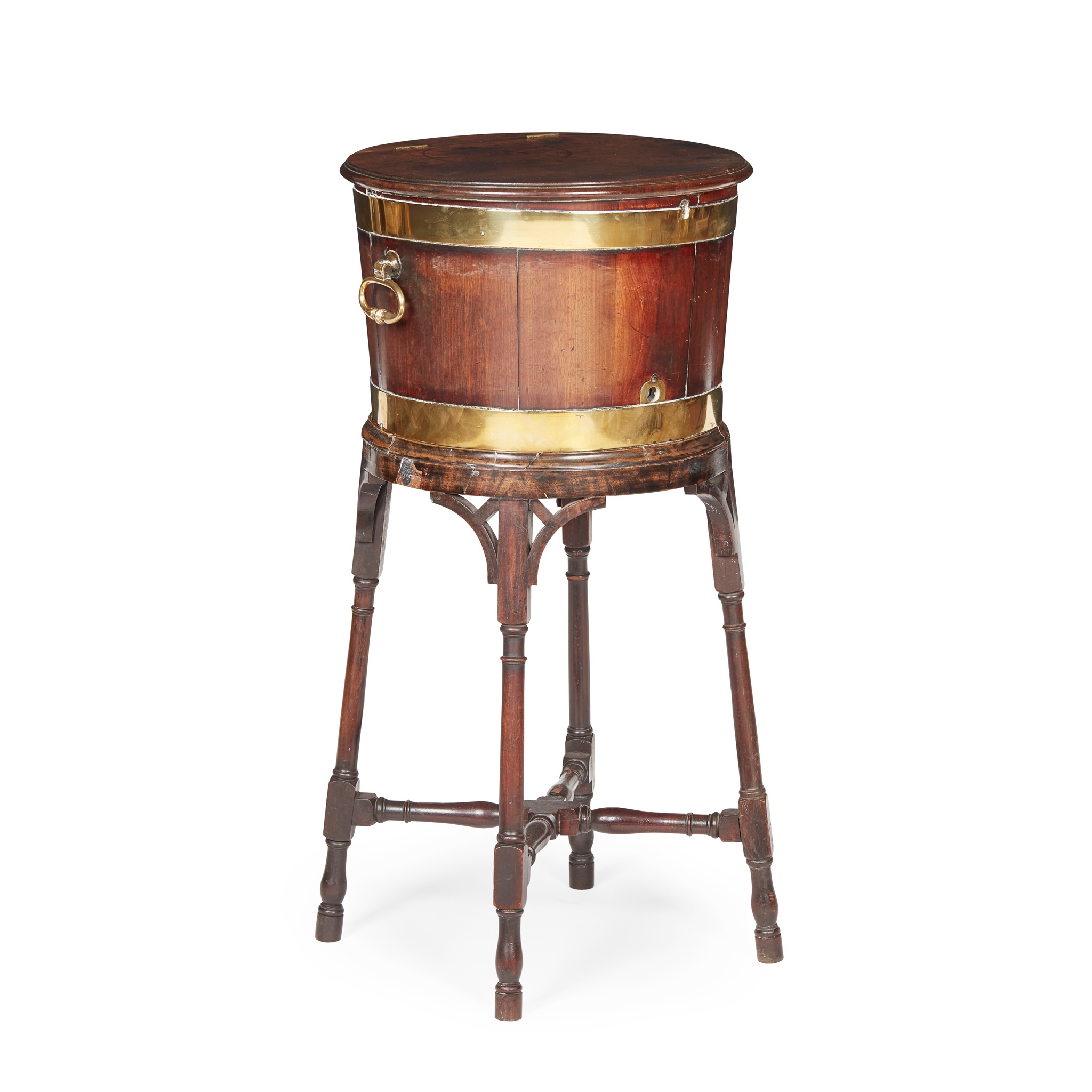 GEORGE III MAHOGANY AND BRASS BANDED WINE COOLER-ON-STAND