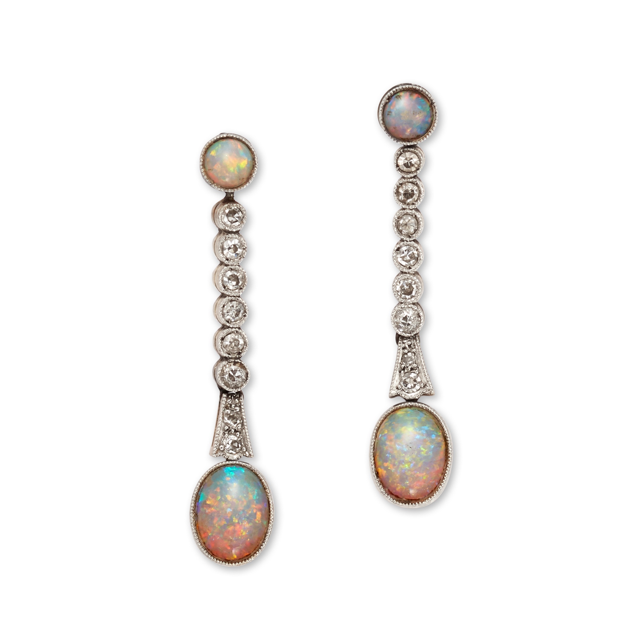 A pair of early 20th century opal and diamond pendent earrings, circa 1900